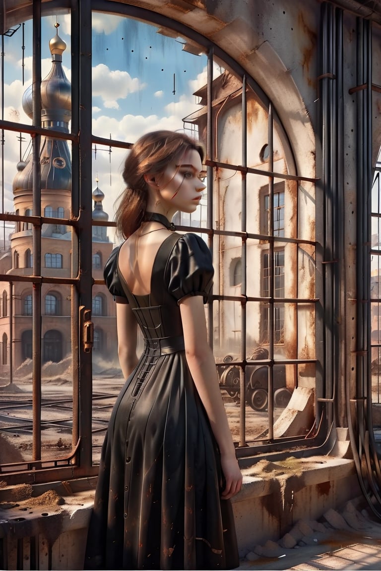 A hyper realistic young Russian girl in a black dress viewing the outside
world, a dusty lane in front of the centre, through the iron rods of a window ((window)) ((realistic)) ((high resolution)) ,EpicSky,lofi,xxmix_girl,3d style,HZ Steampunk