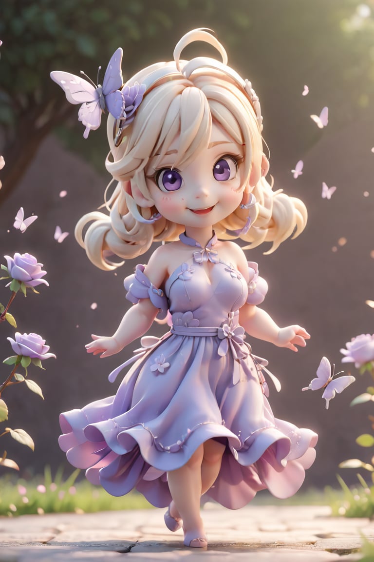 chibi, full body, 1girl, smile, light, purple long dress, flower, rose_hairpin, outdoors, landscape, depth of field, blonde hair, beautifull eyes, choker, butterfly, big_boobies, no brand girls, on eye level, scenic, 3d style, 3d