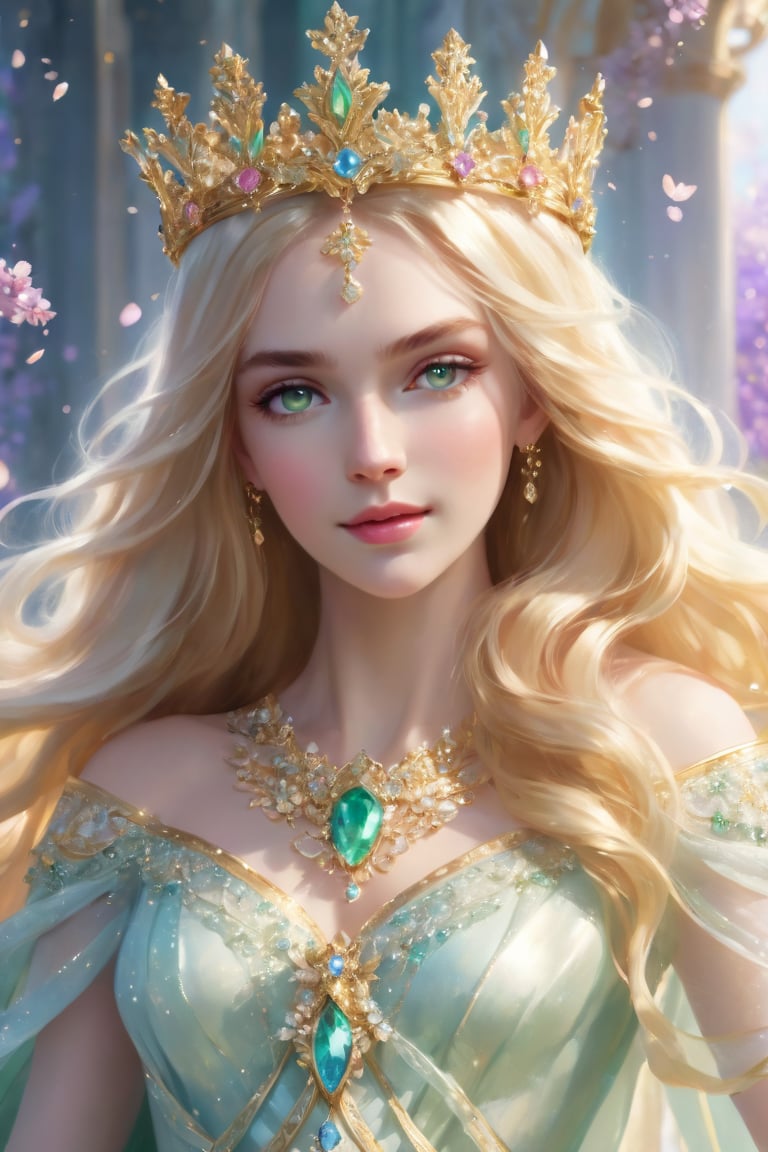 ((A beautiful and ethereal princess with flowing golden hair, adorned in a regal gown made of shimmering fabric that cascades to the floor. Her skin is porcelain-white, radiating an otherworldly glow. She is surrounded by a soft halo of delicate pastel-colored flowers that seem to dance in the air around her. The princess holds a majestic scepter in her hand, embedded with rare gemstones that sparkle with every movement. Her eyes reflect wisdom and compassion, while her gentle smile exudes grace and elegance.)) She has green eyes, she wears a crown on her head, she has a beautiful throne to sit
