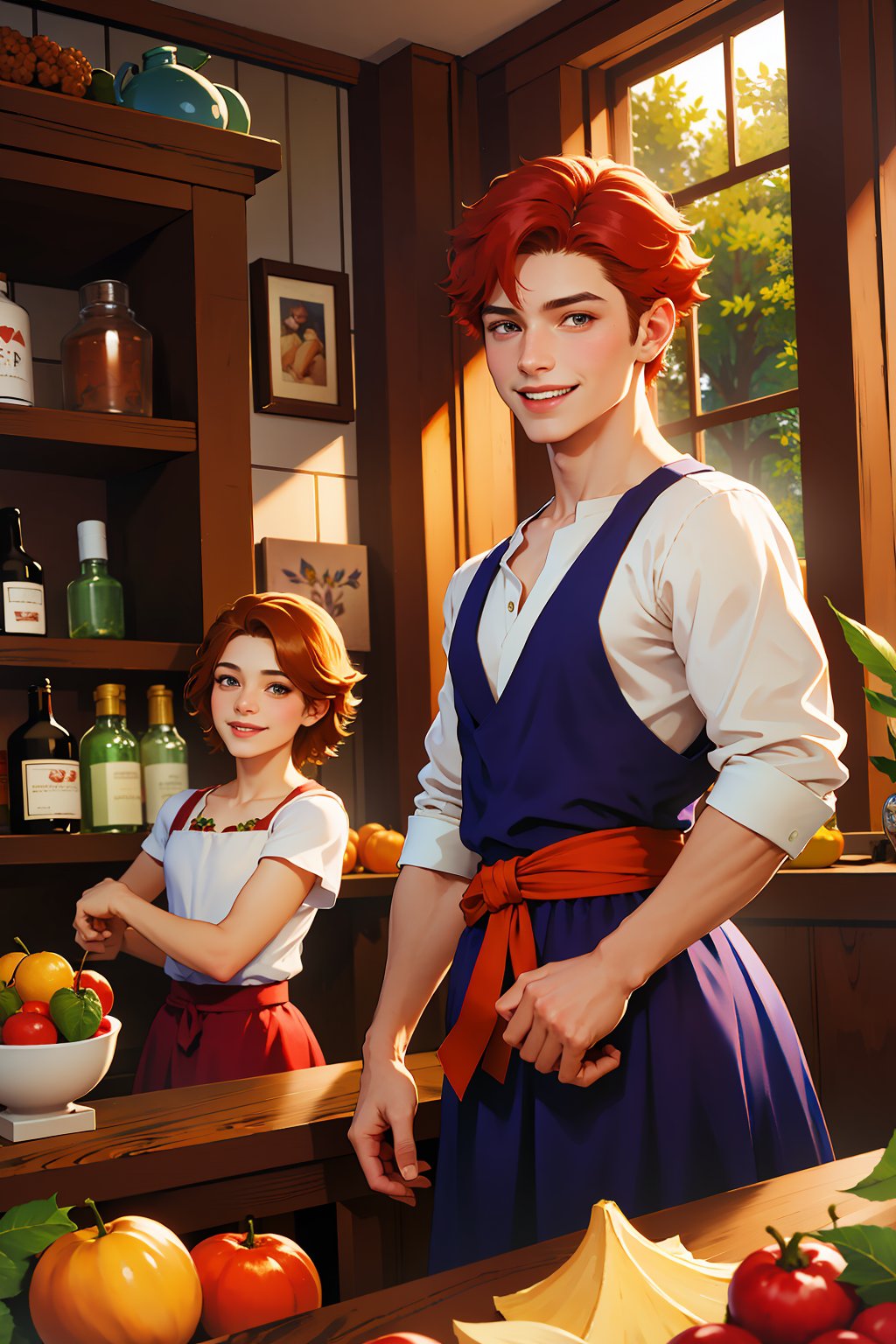 (absurdres, highres, ultra detailed, HDR), masterpiece, best quality, legend of mana character in fruit shop buying a potions at the counter, 1 boy, 2 friends, detailed face, handsome face, smiling face, short red hair