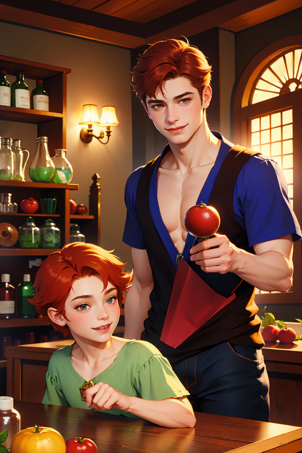 (absurdres, highres, ultra detailed, HDR), masterpiece, best quality, legend of mana character in fruit shop buying a potions at the counter, 1 boy, detailed face, handsome face, smiling face, short red hair