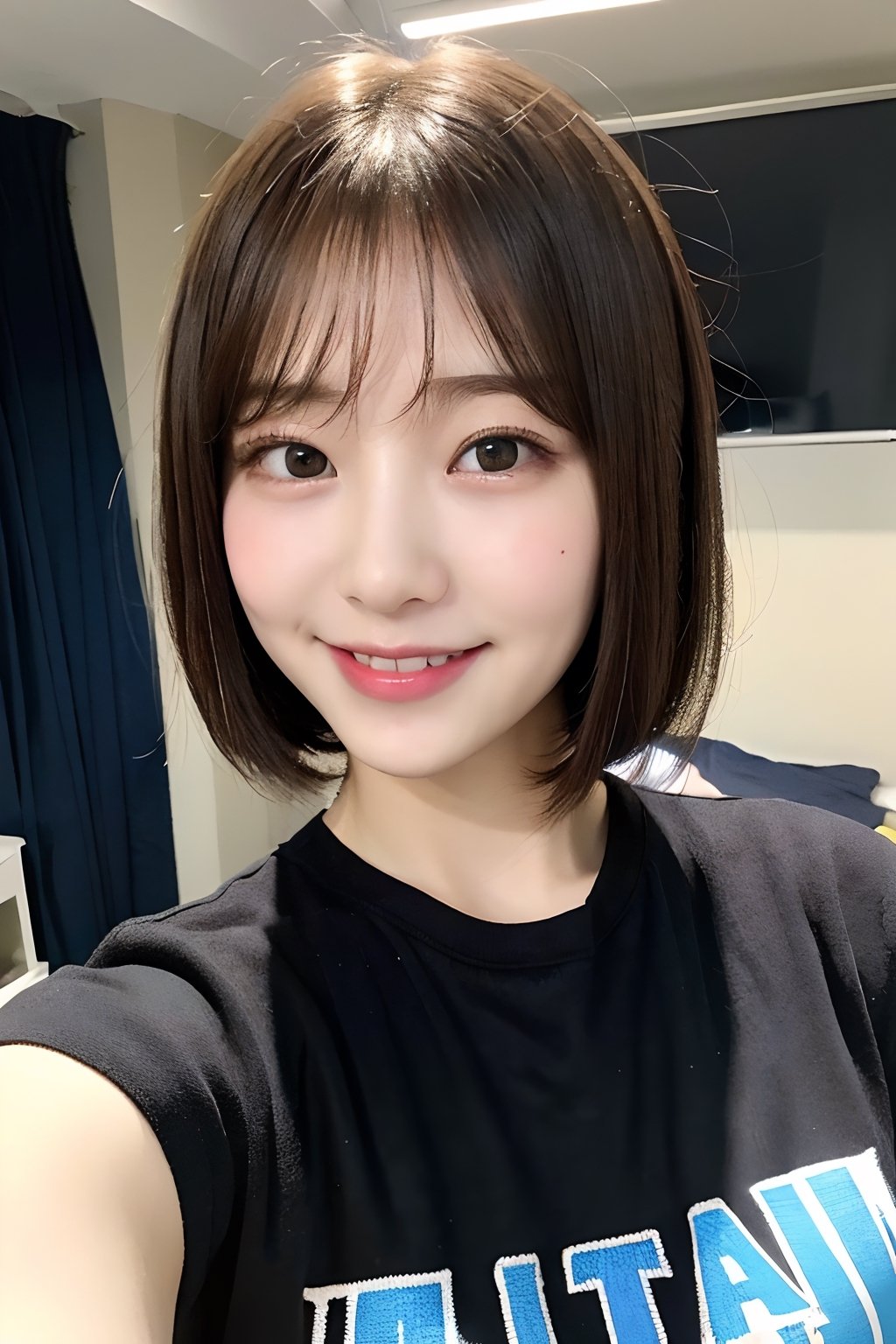 (8k,  best quality,  masterpiece,  ultra high res,  highly detail face:1.3),  portrait,  (20 years old girl:1.3),  beautiful,  kawaii,  (very wide shot :1.2),  (short hair :1.3),  dark hair,  ((bob)),  clothes,  from front,  (smile :1.2), sweat ,  (night :1.3), on the bed,  jmf,  jml, 