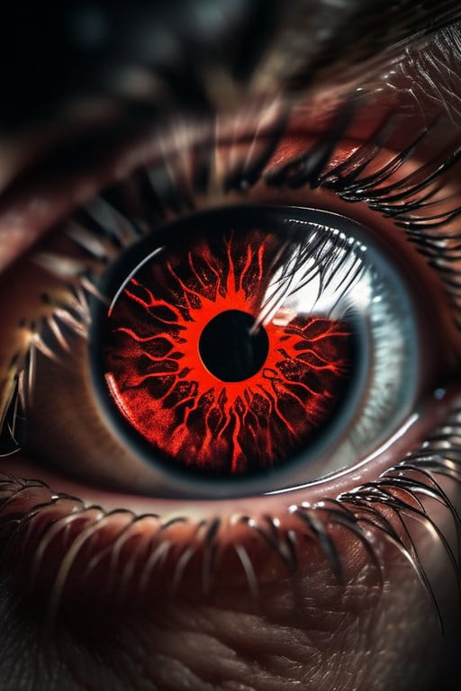 A realistic photograph of the Sharingan eye in the style of the Naruto manga, with sharp and detailed pupils