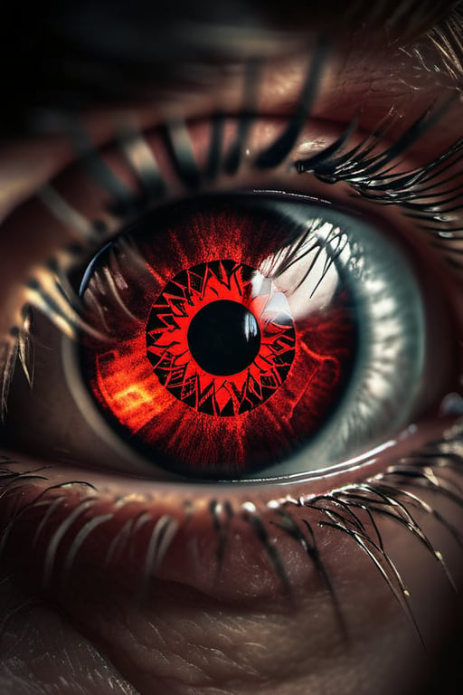 A realistic photograph of the Sharingan eye in the style of the Naruto manga, with sharp and detailed pupils