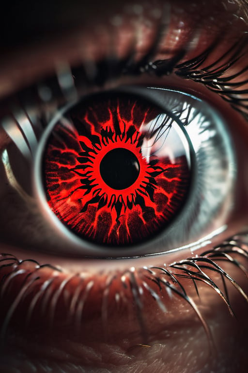 A realistic photograph of the Sharingan eye in the style of the Naruto manga, with sharp and detailed pupils