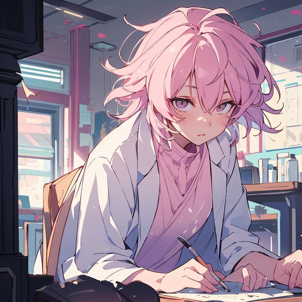 masterpiece, best quality, ultra detailed, 1 old woman, highly detailed, perfect face, short hair,  pastel pink hair, pink eyes (perfect female body), wearing a white lab coat, diligent student, messy hair, working on a table with various chemicals, messy place, dark environments, darkness, dim light