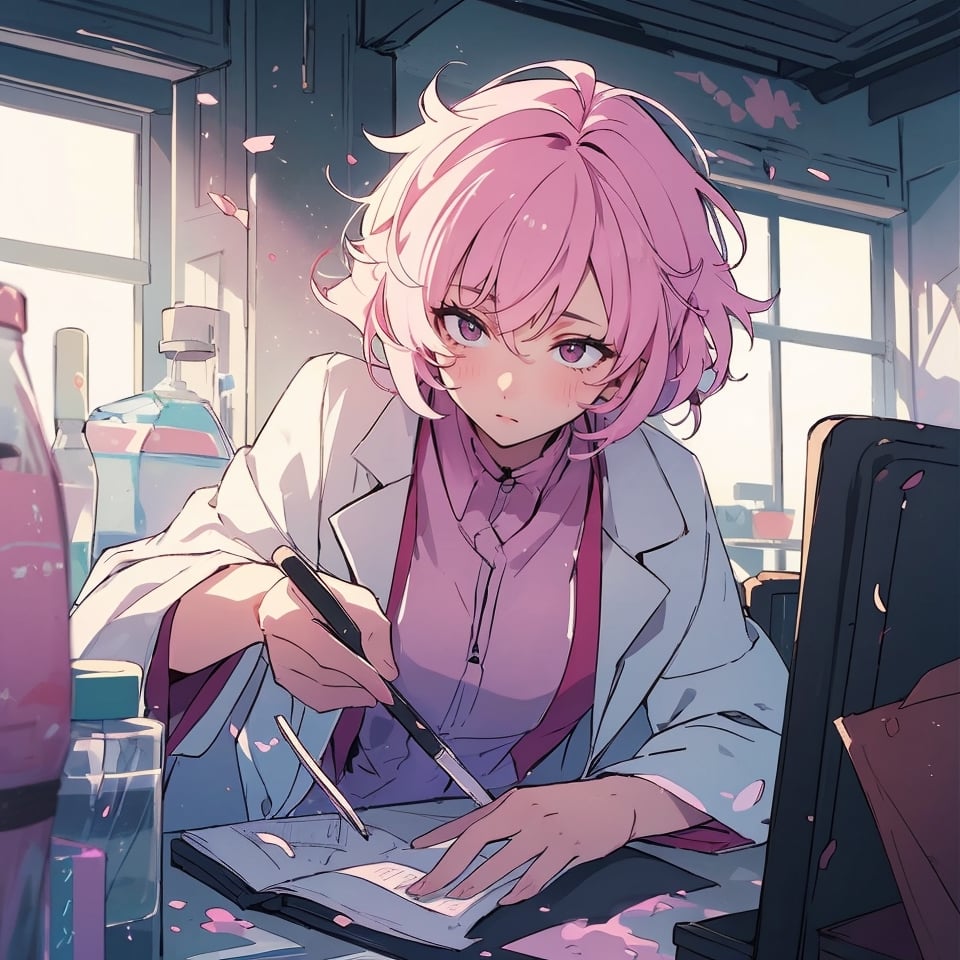 masterpiece, best quality, ultra detailed, 1 old woman, highly detailed, perfect face, short hair,  pastel pink hair, pink eyes (perfect female body), wearing a white lab coat, diligent student, messy hair, working on a table with various chemicals, messy place, dark environments, darkness, dim light