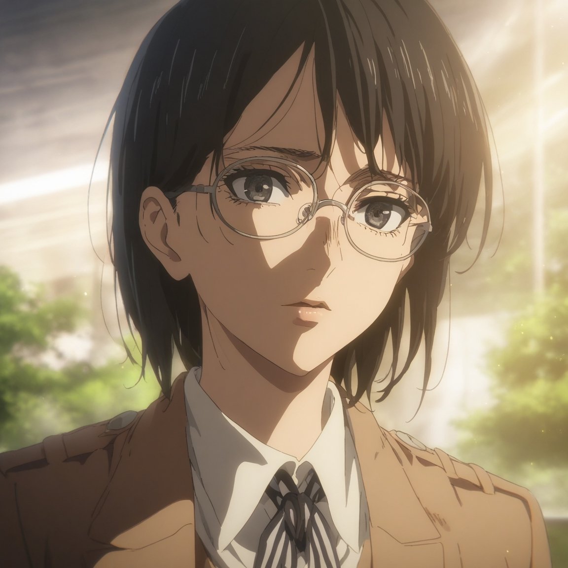 masterpiece, best quality, ultra detailed, 1woman, highly detailed, perfect face,  black  hair, black eyes,(perfect female body), glasses, . particles in the environment, perfect lighting.  score_9,shingeki_no_kyojin_s4_style