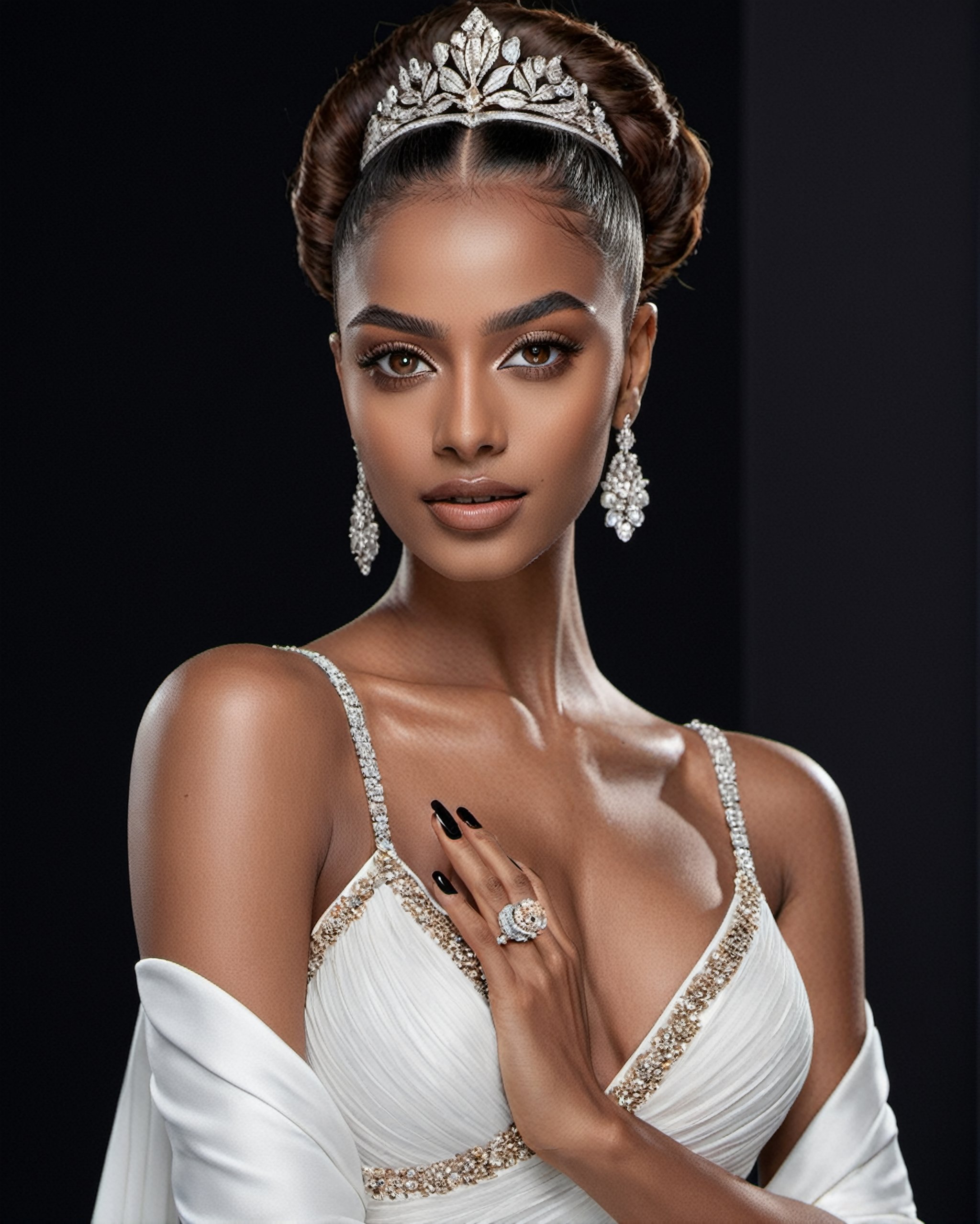 A shot of a lady 24 year old, brown skin realistic eyes, realistic eye balls, white stylish dress, black matte background, beautiful face, perfect hands, 5_fignered, black_fingernails, superb cinematic color grading, looking at the camera, no meshing, sharp focus, award-winning photograph, realistic face, portrait, beautiful features, cinematic shot, dynamic lighting, 85mm, Technicolor, Panavision, cinemascope, sharp focus, fine details, 8k, HDR, realism, realistic, key visual, film still, superb cinematic color grading, depth of field, cinematic shot, dynamic lighting, Panavision, cinemascope, sharp focus, fine details, , realhands, photo r3al, Extremely Realistic, aesthetic portrait,Extremely Realistic,WEARING HAUTE_COUTURE DESIGNER DRESS