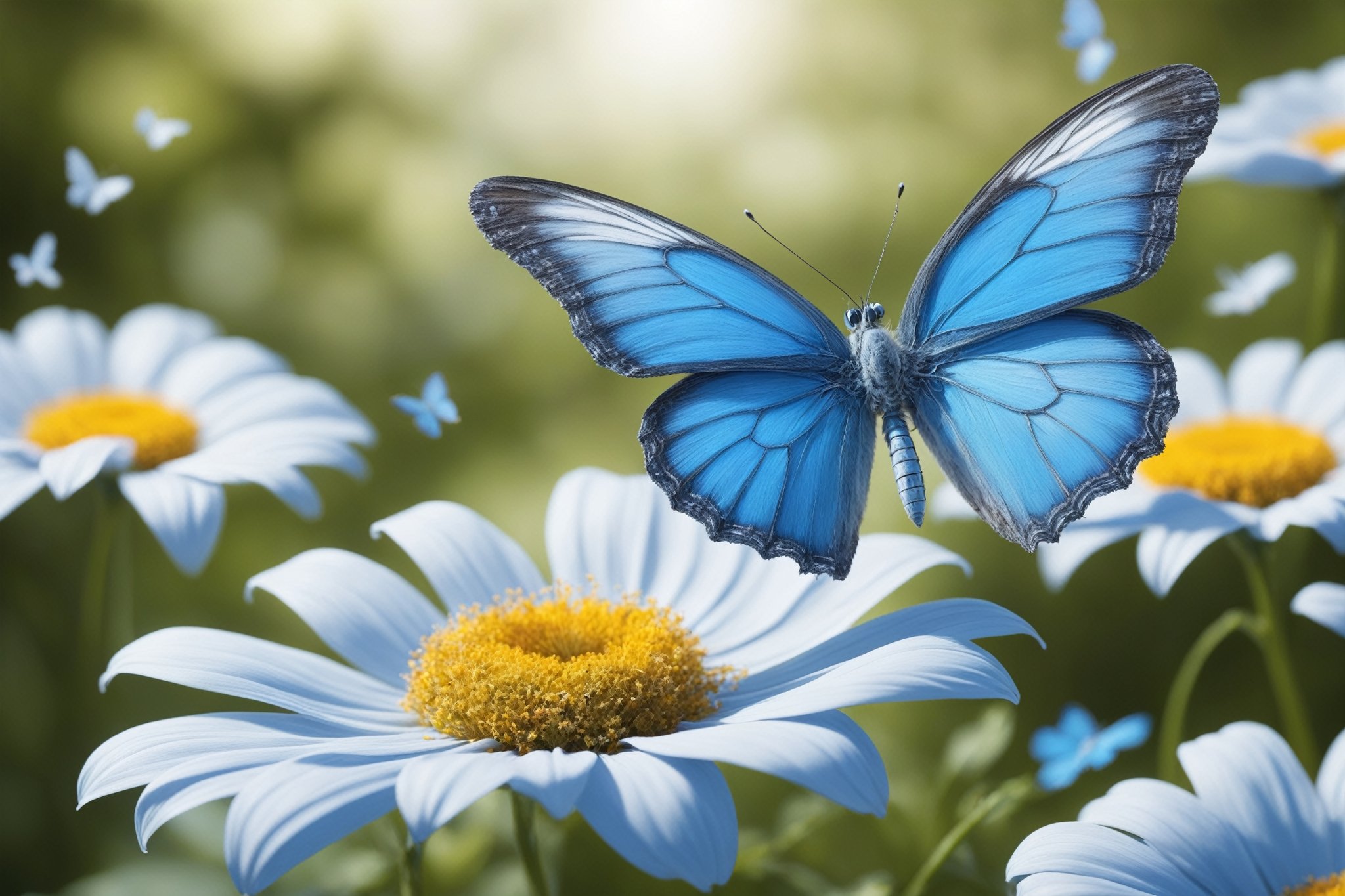 cinematic, background  blur garden with WHITE flowers, chrome robotic body metal The large blue (Phengaris arion) is a species of butterfly in the family Lycaenidae. color, ONLY 4 WINGSThe large blue (Phengaris arion) is a species of butterfly in the family Lycaenidae.  ,in motion ,16K, dangerous, ultradetailled robotic   head  with mandibles, motion flying, ,chrometech ,metallic 