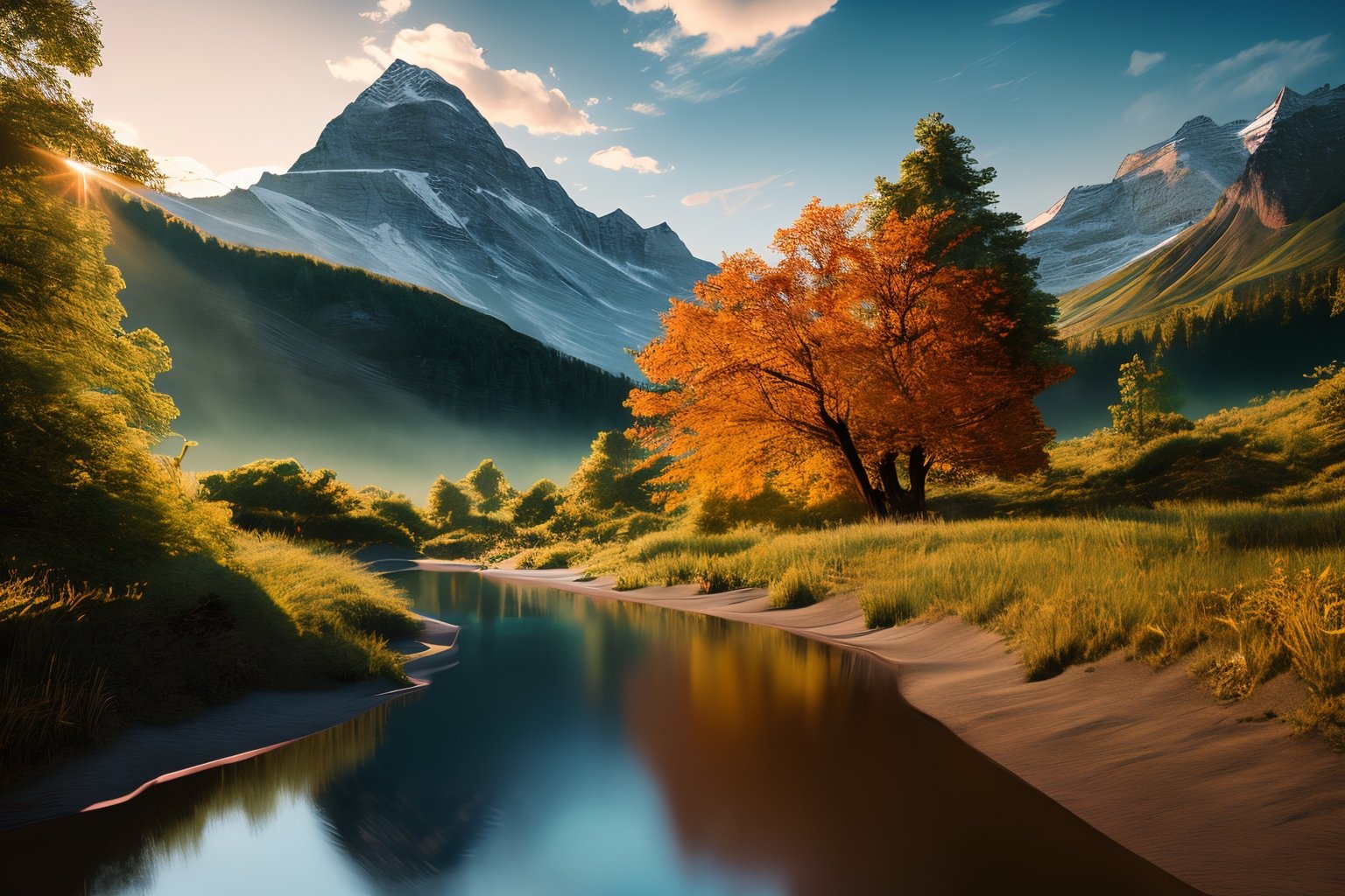 (best quality, 8K, ultra-detailed, masterpiece), (cinematic, photorealistic), Craft an awe-inspiring 8K masterpiece of a beautiful nature landscape. The scene should exude cinematic grandeur and photorealistic precision. Pay meticulous attention to ultra-detailed elements in the landscape, from the intricate texture of leaves to the play of light on water and mountains. This composition should transport viewers into the heart of this breathtaking natural wonder with unparalleled realism.