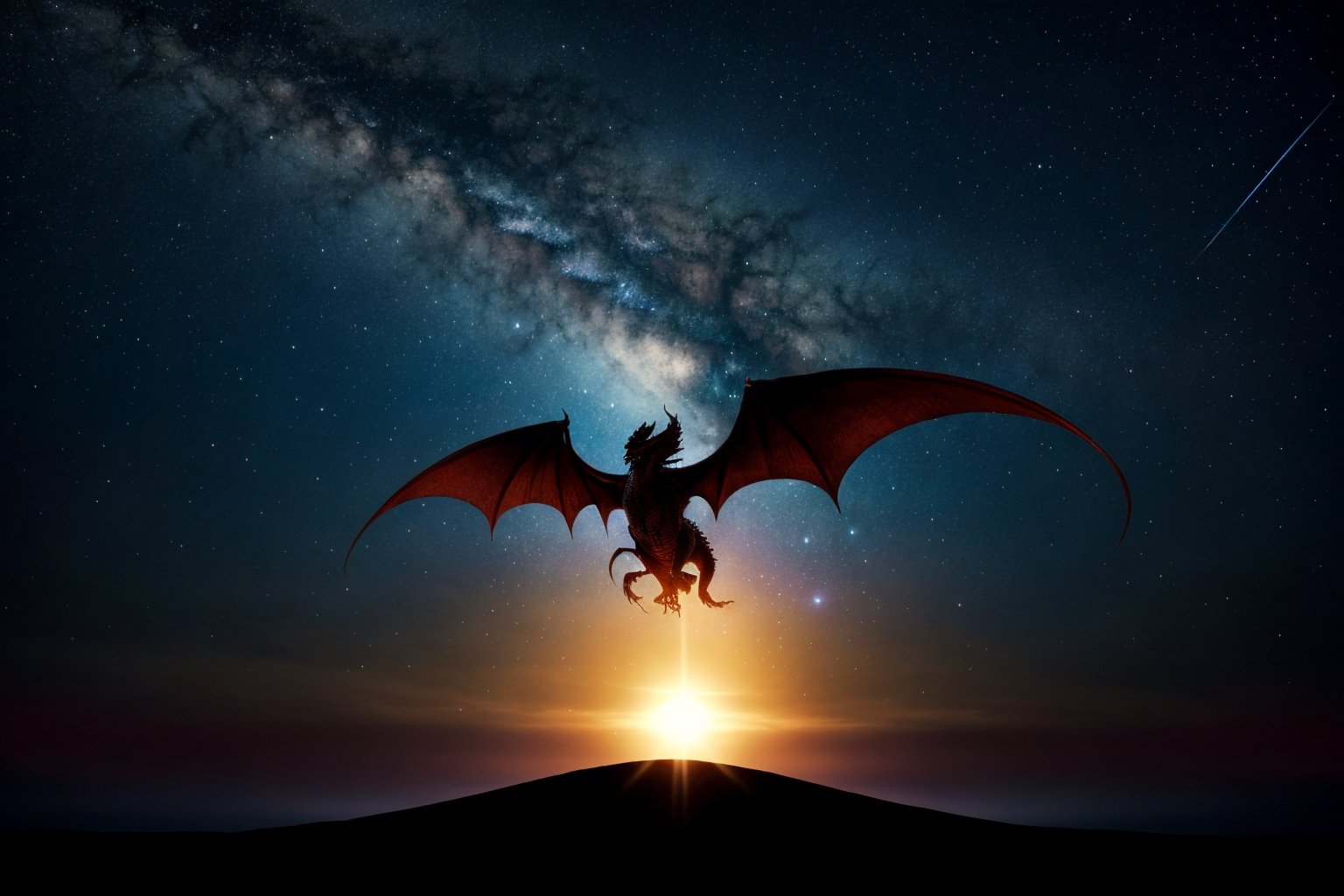 {{ a silhouette of a dragon }}, dark sky with stars at tge back, { amazing photo }, {{ stock photo }} (best quality:1.2), (masterpiece:1.2), (detailed:1.33),xyzabcplanets