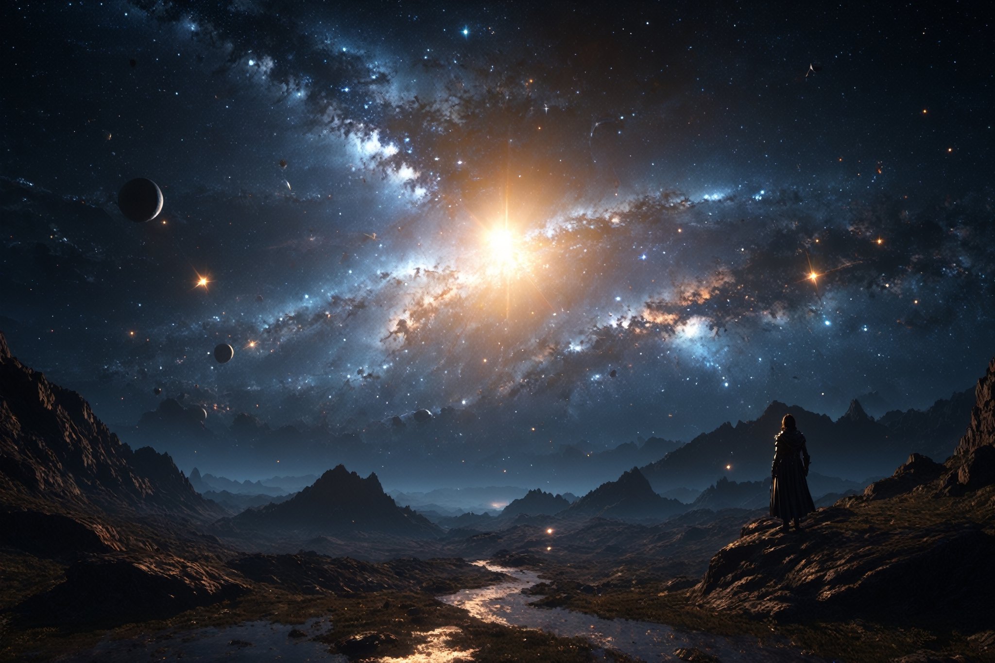 starfield,, (masterpiece:1.2),best quality,highres,extremely detailed CG,perfect lighting,8k wallpaper,(8k, RAW photo, best quality, masterpiece:1.4),realistic,HDR,UHD,8K,best quality,huge_filesize,wallpaper,extremely detailed face and eyes,3D,C4D render,unreal engine,octane render, mysterious, fantasy, dark fantasy, 3D rendering, anime,DonMC3l3st14l3xpl0r3rsXL