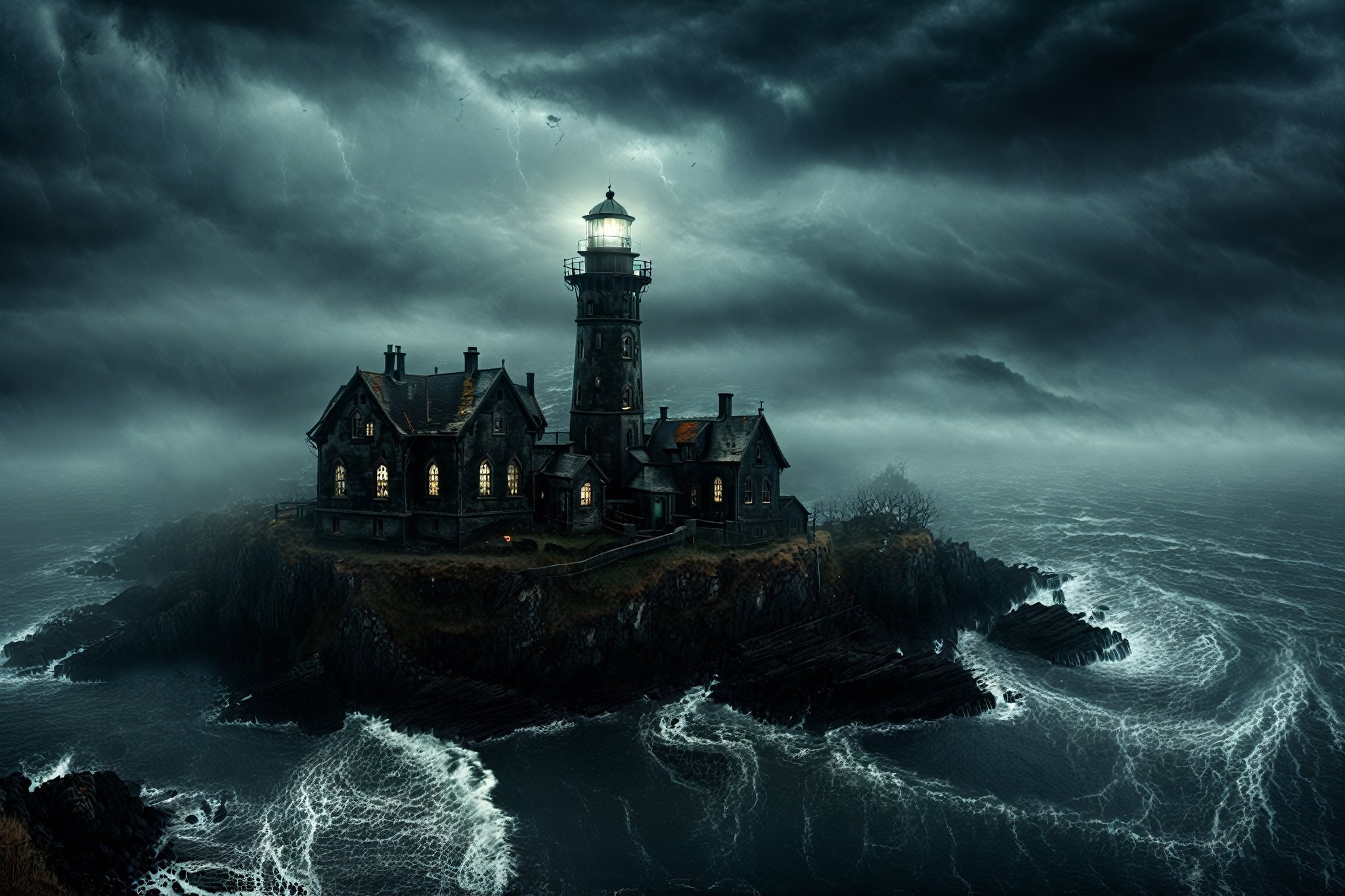 masterpeace, best quality, extremely detailed, 4k, scary setting, fog, haunted, horror, dark scenery, dimly lit, Illustrate a desolate and stormy coastline with a haunted lighthouse that guides lost souls to their doom, its beacon shining with an eerie spectral light, detailmaster2, HellAI, DonMn1ghtm4reXL