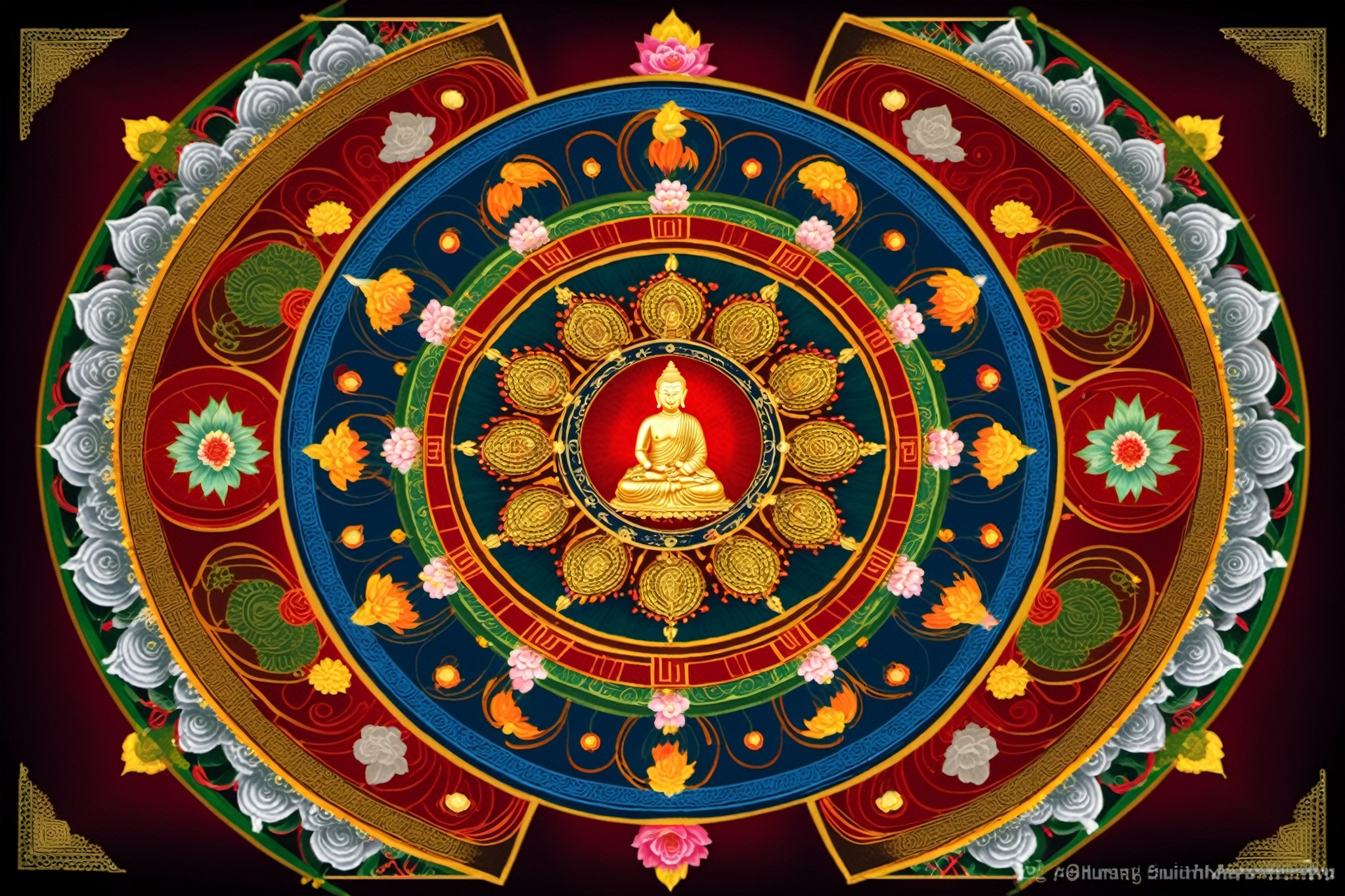 an image of A mandala One well-known type of mandala is the mandala of the "Five Buddhas", archetypal Buddha forms embodying various aspects of enlightenment. Such Buddhas are depicted depending on the school of Buddhism, and even the specific purpose of the mandala. A common mandala of this type is that of the Five Wisdom Buddhas (a.k.a. Five Jinas), the Buddhas Vairocana, Aksobhya, Ratnasambhava, Amitabha and Amoghasiddhi. When paired with another mandala depicting the Five Wisdom Kings, this forms the Mandala of the Two Realms. 