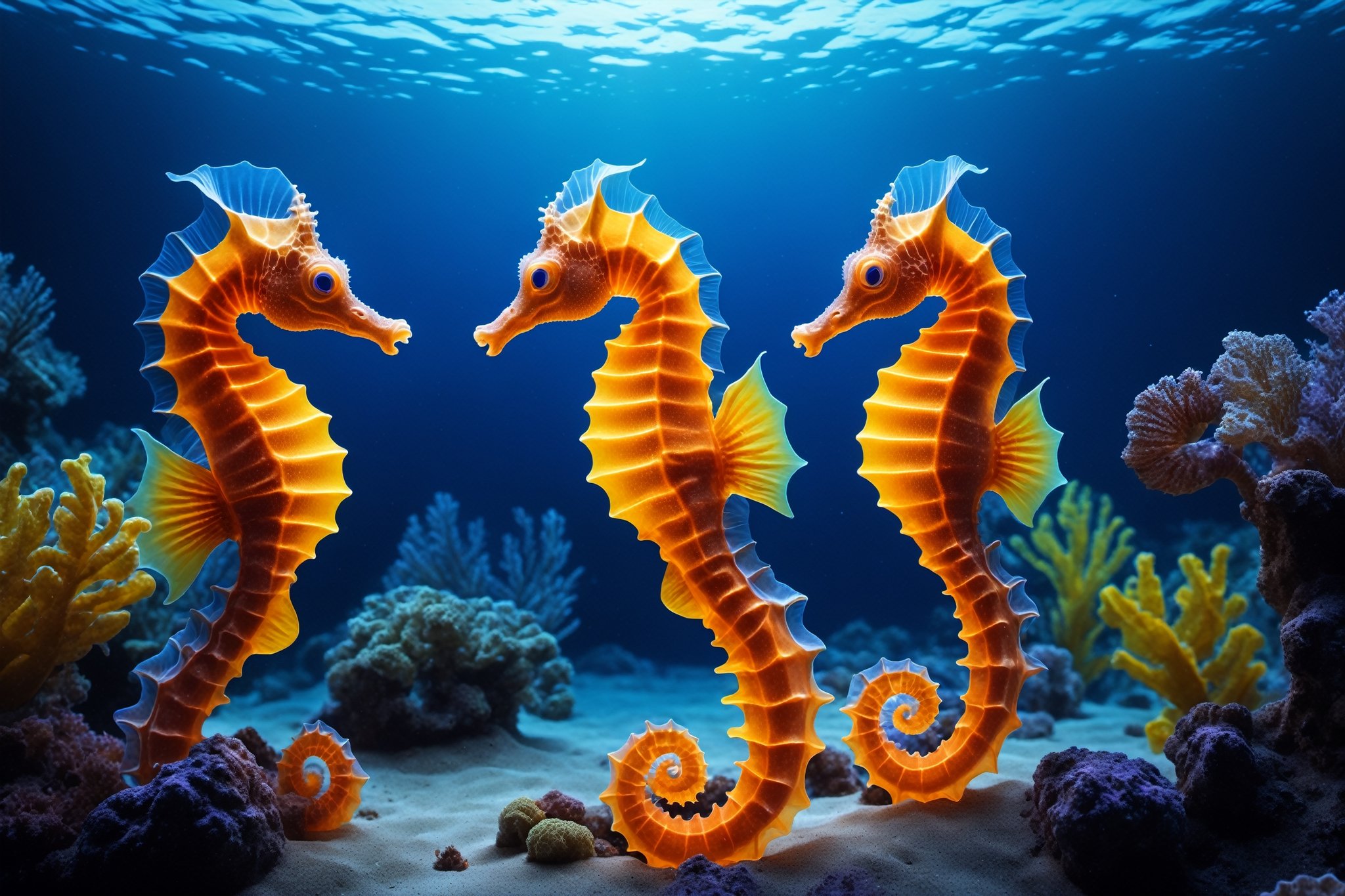 best quality, masterpiece, 8k, ultra detailed, ultra realistic, 3 X seahorseS glowing in blacklight, cinematic, Movie Still, high resolution, hyperrealistic photography, photorealistic, professional photography, underwater landscape