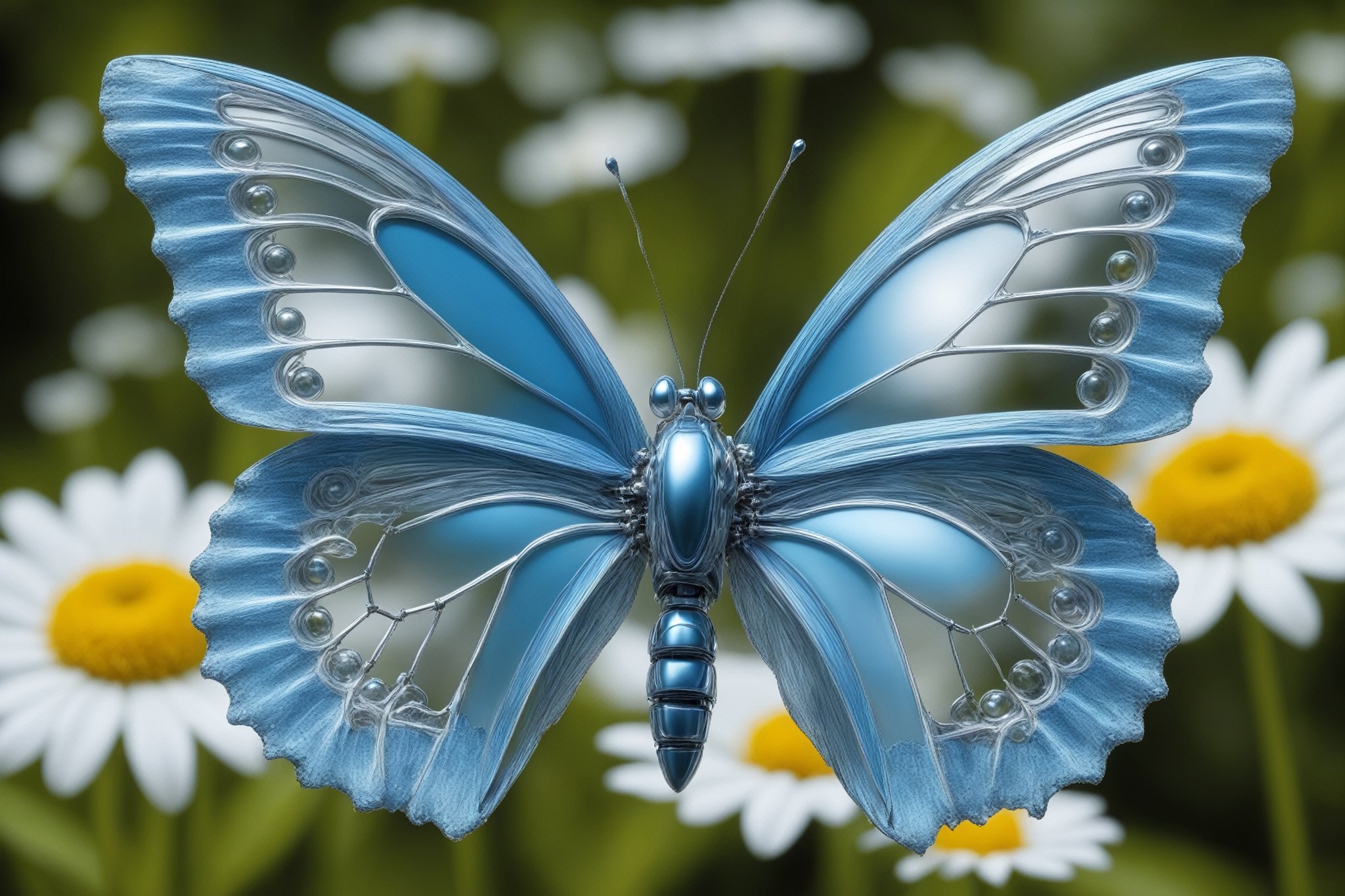 cinematic, background  blur garden with WHITE flowers, chrome robotic body metal The large blue (Phengaris arion) is a species of butterfly in the family Lycaenidae. color, ONLY 4 WINGSThe large blue (Phengaris arion) is a species of butterfly in the family Lycaenidae.  ,in motion ,16K, dangerous, ultradetailled robotic   head  with mandibles, motion flying, ,chrometech ,metallic 