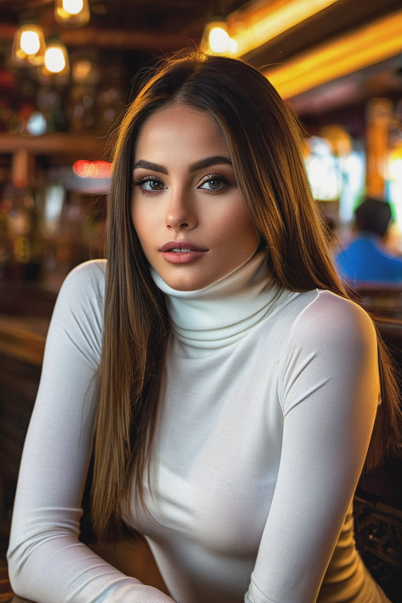 photo of extremely sexy Jenna , a woman as a sexy student, (closeup portrait), long middle parted straight hair, (white tight long sleeve turtleneck top), at a cantina sitting , (best quality) (detailed skin texture pores hairs:1.1) (intricate) (8k) (HDR) (wallpaper) (cinematic lighting) 
