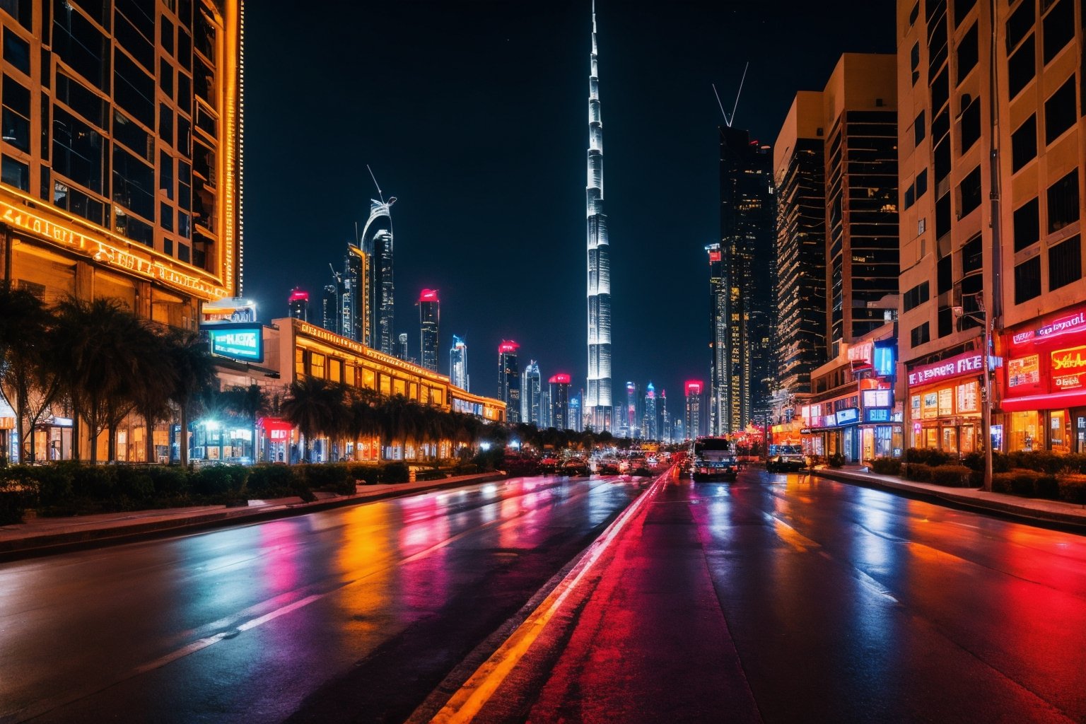 Dubai night city, street, neon, lights, road, buildings, HD phone wallpaper