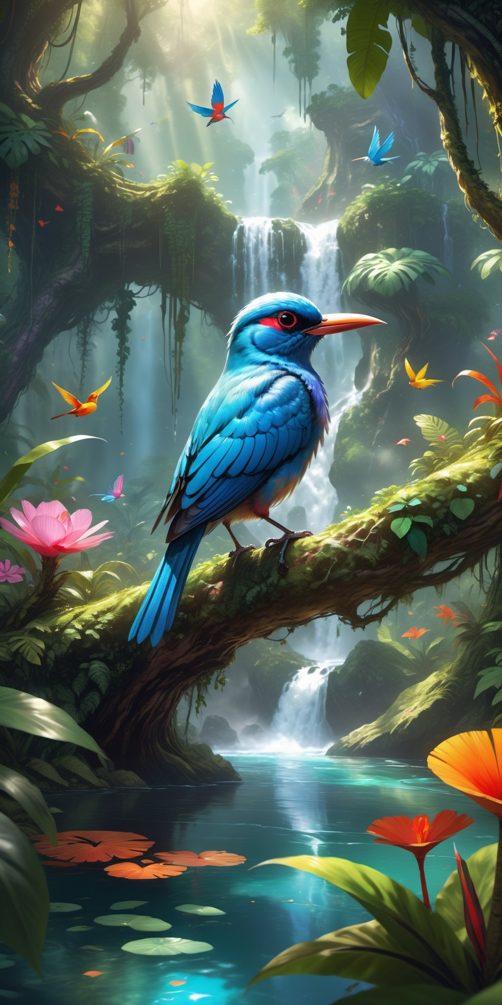 Craft a vibrant and enchanting 4k Ultra HDR high-quality image featuring a magical bird and animal in a whimsical jungle. Picture a colorful bird with magical attributes, and a captivating animal drinking from a pristine river. Set the scene with a clean river flowing through the jungle. Illustrate a magical bird perched on a tree, surrounded by adorable children joyfully eating. Request meticulous attention to detail, creating a visually stunning masterpiece that captures the magical essence of this enchanted jungle scene.