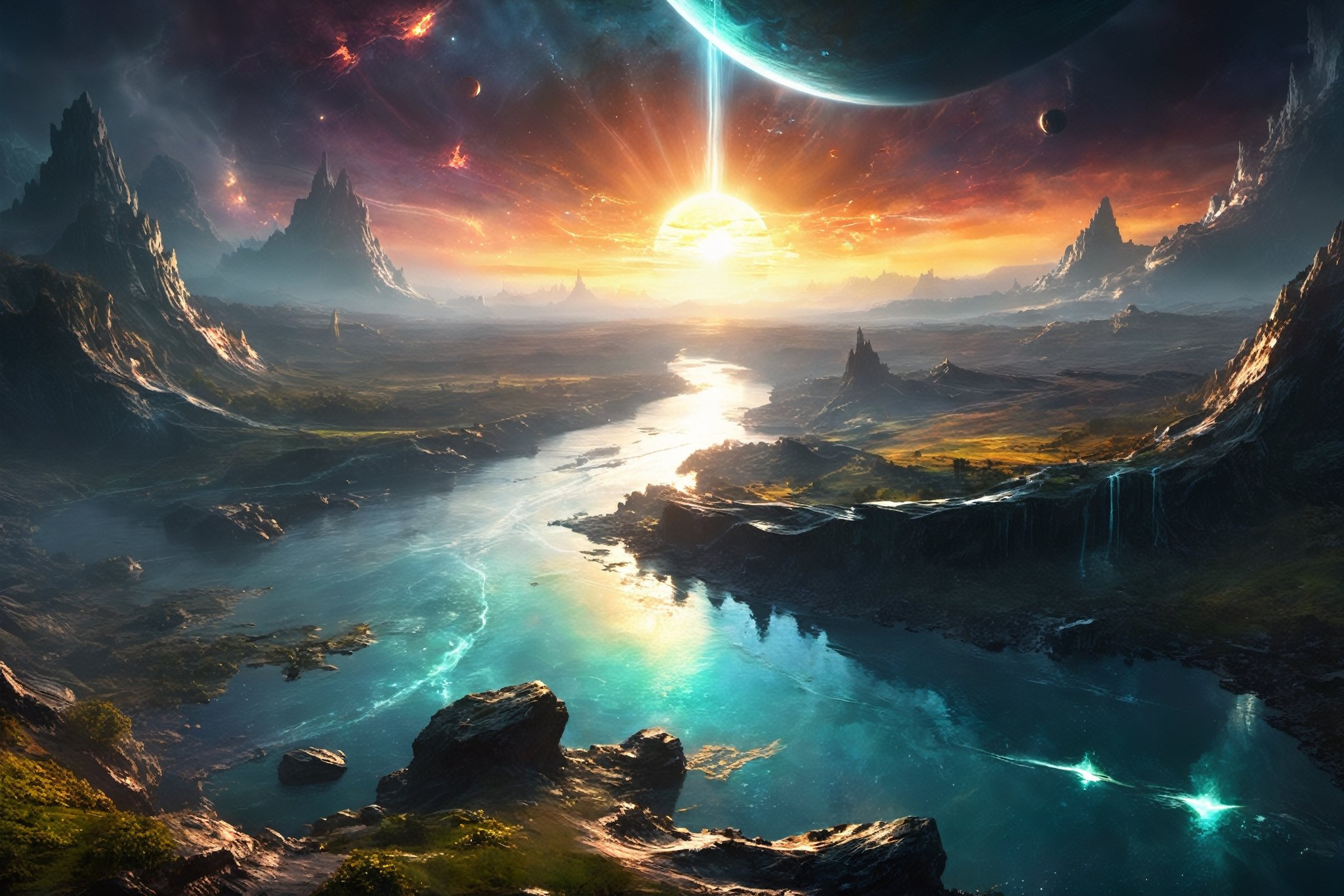 Littoral zone, , floor has a river , , sunset , sunlight with godrays, , lighting strikes, lighting strikes, lighting strikes, , big gas giant, earthlike planet, asteroid belts, ,
lush digital fantasy painting,EpicLand,DonMC3l3st14l3xpl0r3rsXL