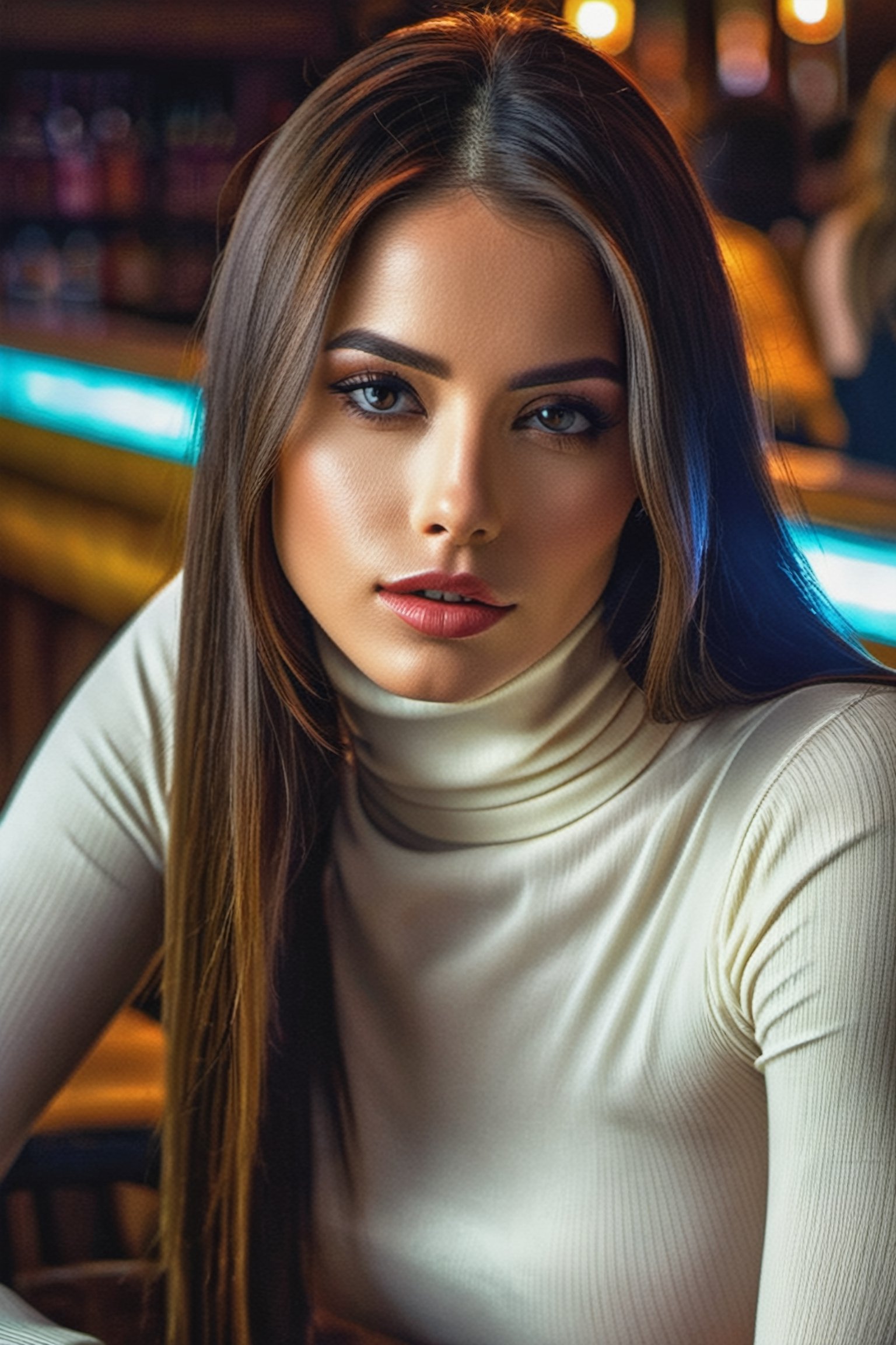 photo of extremely sexy Jenna , a woman as a sexy student, (closeup portrait), long middle parted straight hair, (white tight long sleeve turtleneck top), at a cantina sitting , (best quality) (detailed skin texture pores hairs:1.1) (intricate) (8k) (HDR) (wallpaper) (cinematic lighting) 
