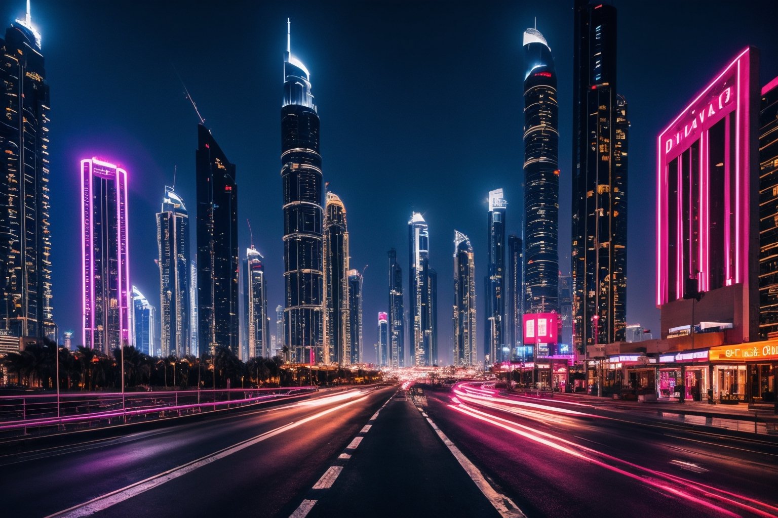 Dubai night city, street, neon, lights, road, buildings, HD phone wallpaper