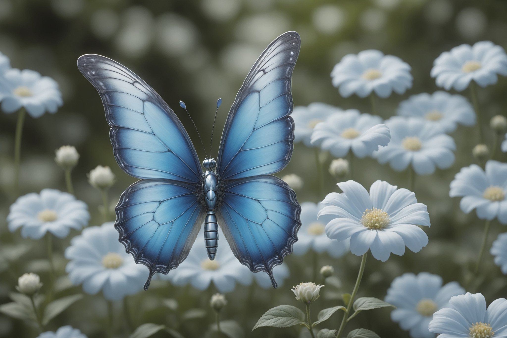 cinematic, background  blur garden with WHITE flowers, chrome robotic body metal butterfly,The large blue (Phengaris arion) is a species of butterfly in the family Lycaenidae. color, ONLY 4 WINGS, The large blue (Phengaris arion) is a species of butterfly in the family Lycaenidae.  ,in motion ,16K, dangerous, ultradetailled robotic   head  with mandibles, motion flying, ,chrometech ,metallic 