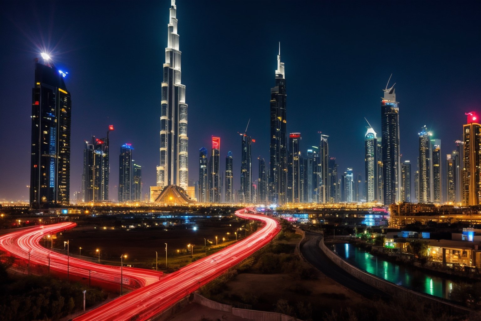 Dubai night city, street, neon, lights, road, buildings, HD phone wallpaper