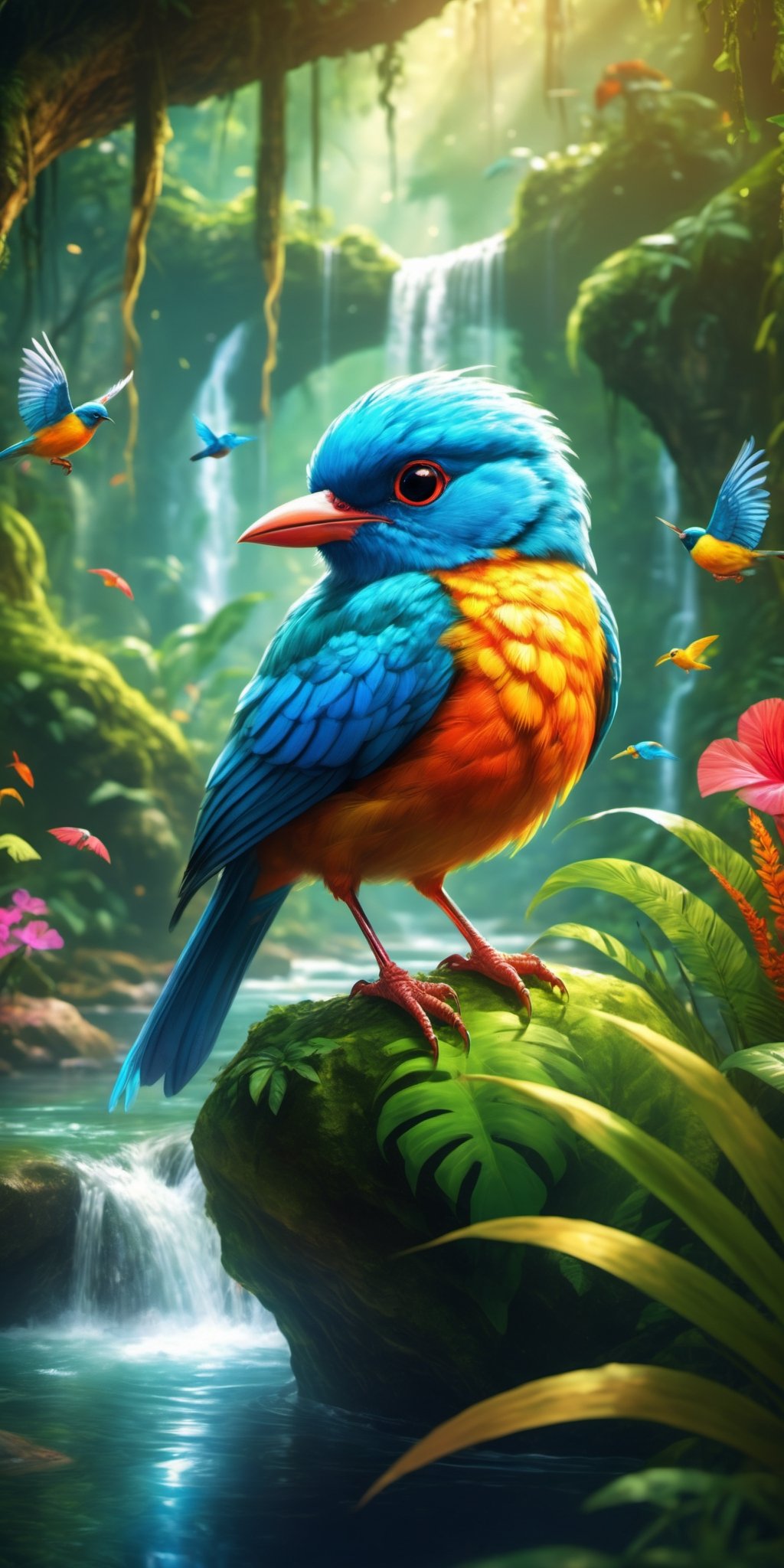 Craft a vibrant and enchanting 4k Ultra HDR high-quality image featuring a magical bird and animal in a whimsical jungle. Picture a colorful bird with magical attributes, and a captivating animal drinking from a pristine river. Set the scene with a clean river flowing through the jungle. Illustrate a magical bird perched on a tree, surrounded by adorable children joyfully eating. Request meticulous attention to detail, creating a visually stunning masterpiece that captures the magical essence of this enchanted jungle scene.