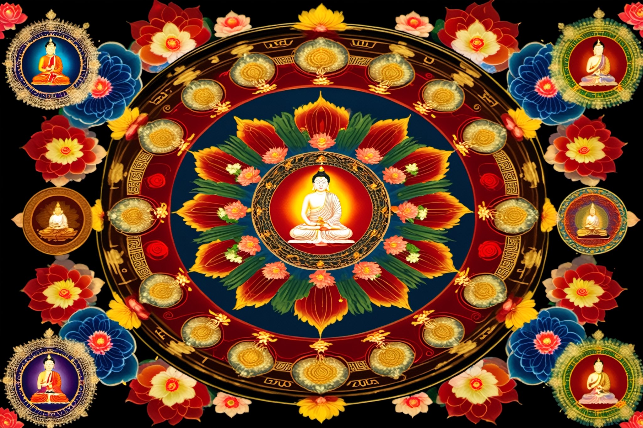 an image of A mandala One well-known type of mandala is the mandala of the "Five Buddhas", archetypal Buddha forms embodying various aspects of enlightenment. Such Buddhas are depicted depending on the school of Buddhism, and even the specific purpose of the mandala. A common mandala of this type is that of the Five Wisdom Buddhas (a.k.a. Five Jinas), the Buddhas Vairocana, Aksobhya, Ratnasambhava, Amitabha and Amoghasiddhi. When paired with another mandala depicting the Five Wisdom Kings, this forms the Mandala of the Two Realms. 