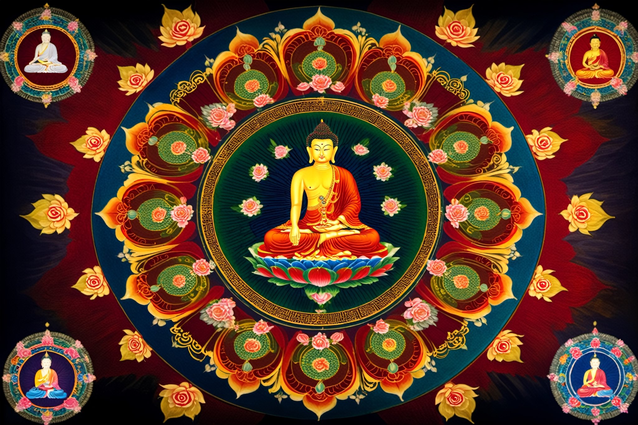 an image of A mandala One well-known type of mandala is the mandala of the "Five Buddhas", archetypal Buddha forms embodying various aspects of enlightenment. Such Buddhas are depicted depending on the school of Buddhism, and even the specific purpose of the mandala. A common mandala of this type is that of the Five Wisdom Buddhas (a.k.a. Five Jinas), the Buddhas Vairocana, Aksobhya, Ratnasambhava, Amitabha and Amoghasiddhi. When paired with another mandala depicting the Five Wisdom Kings, this forms the Mandala of the Two Realms. 