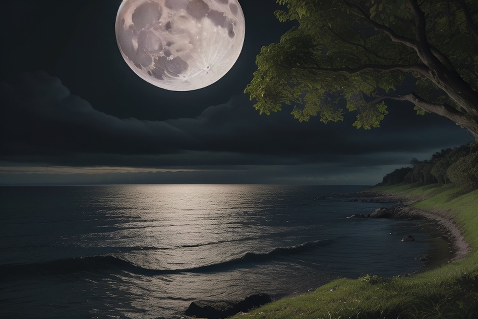 Gloomy weather showing the moon over the sea with tree leaves overlooking the side of the water