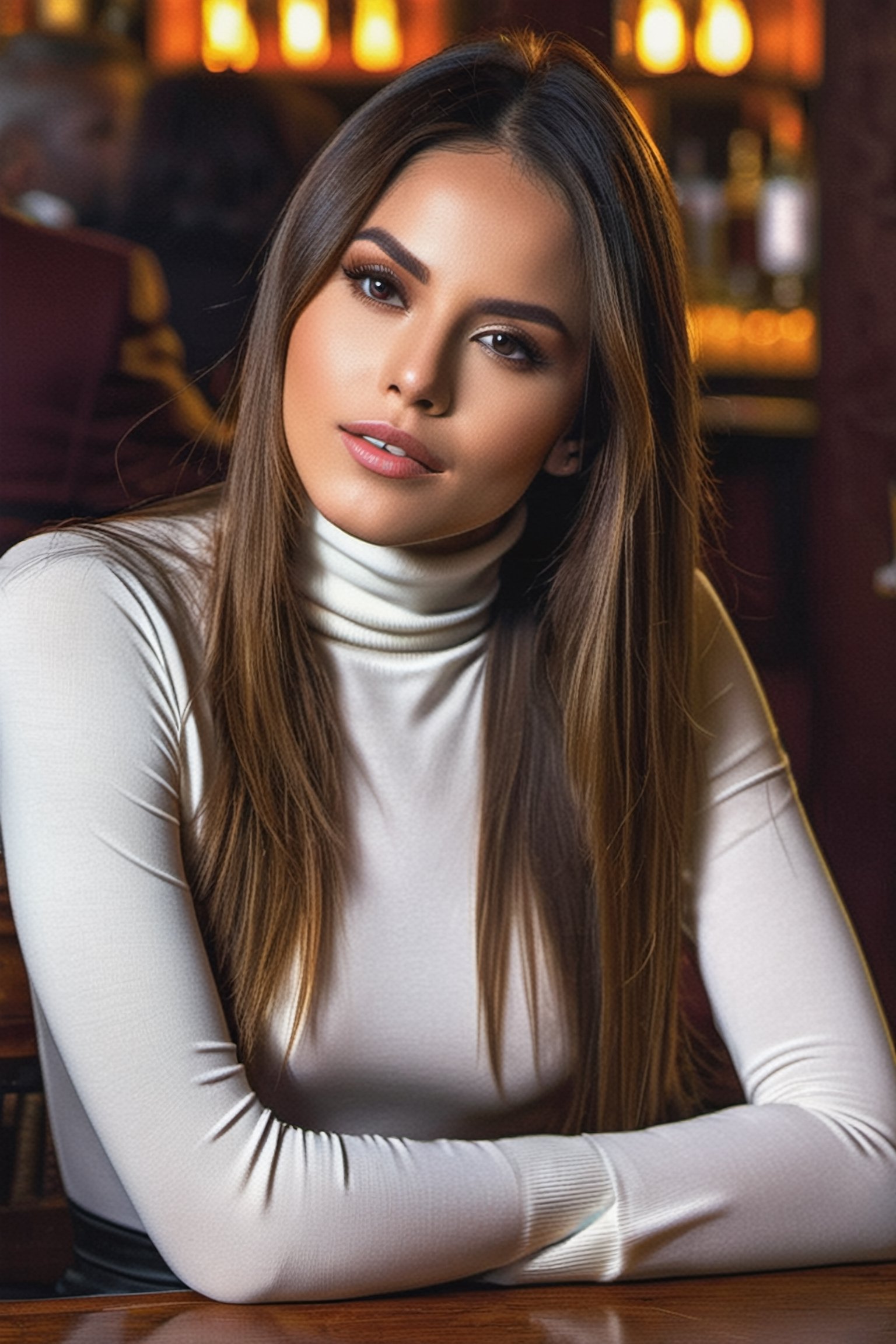 photo of extremely sexy Jenna , a woman as a sexy student, (closeup portrait), long middle parted straight hair, (white tight long sleeve turtleneck top), at a cantina sitting , (best quality) (detailed skin texture pores hairs:1.1) (intricate) (8k) (HDR) (wallpaper) (cinematic lighting) 
