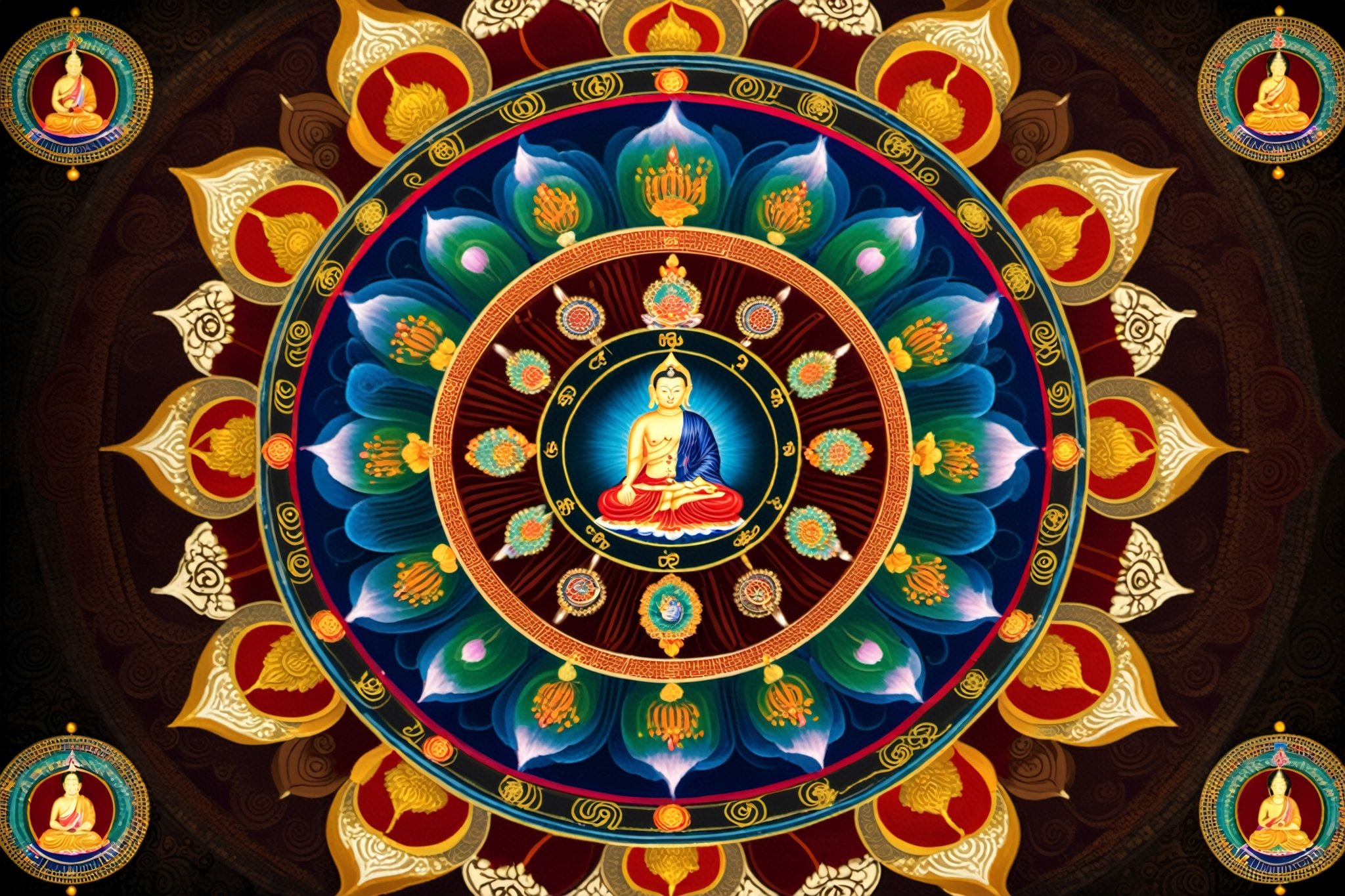 an image of A mandala One well-known type of mandala is the mandala of the "Five Buddhas", archetypal Buddha forms embodying various aspects of enlightenment. Such Buddhas are depicted depending on the school of Buddhism, and even the specific purpose of the mandala. A common mandala of this type is that of the Five Wisdom Buddhas (a.k.a. Five Jinas), the Buddhas Vairocana, Aksobhya, Ratnasambhava, Amitabha and Amoghasiddhi. When paired with another mandala depicting the Five Wisdom Kings, this forms the Mandala of the Two Realms. 