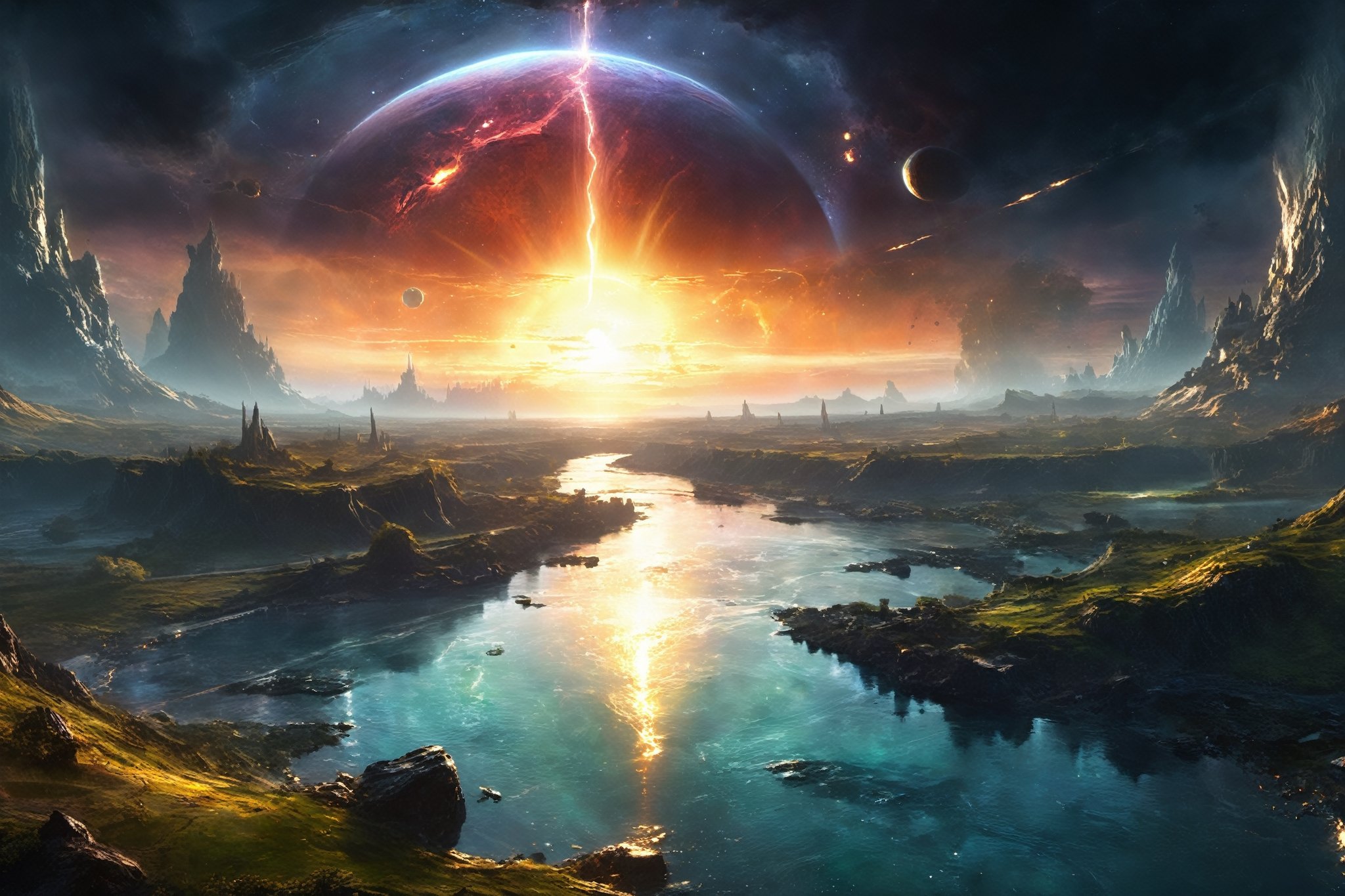 Littoral zone, , floor has a river , , sunset , sunlight with godrays, , lighting strikes, lighting strikes, lighting strikes, , big gas giant, earthlike planet, asteroid belts, ,
lush digital fantasy painting,EpicLand,DonMC3l3st14l3xpl0r3rsXL