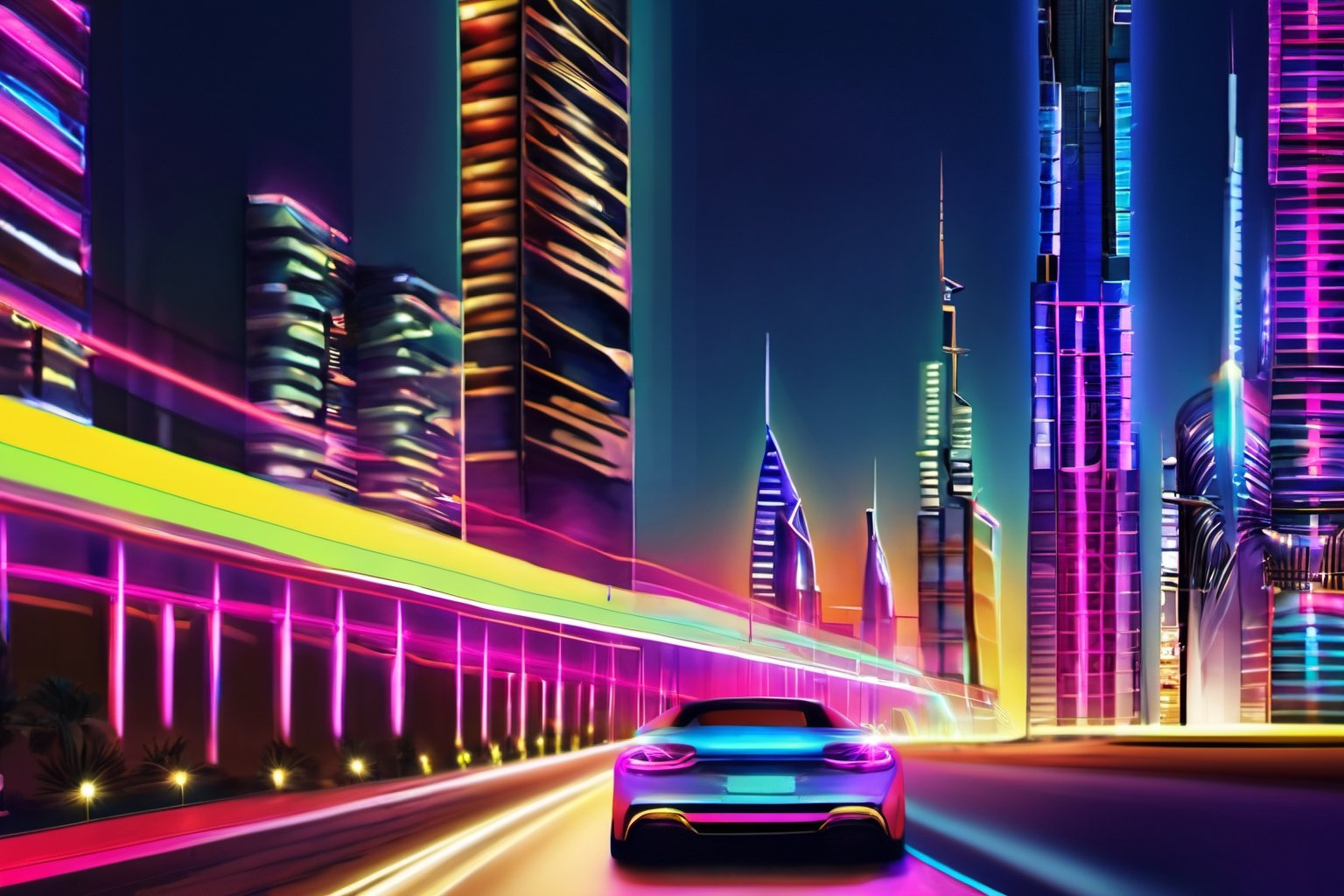 Dubai night city, street, neon, lights, road, buildings, HD phone wallpaper