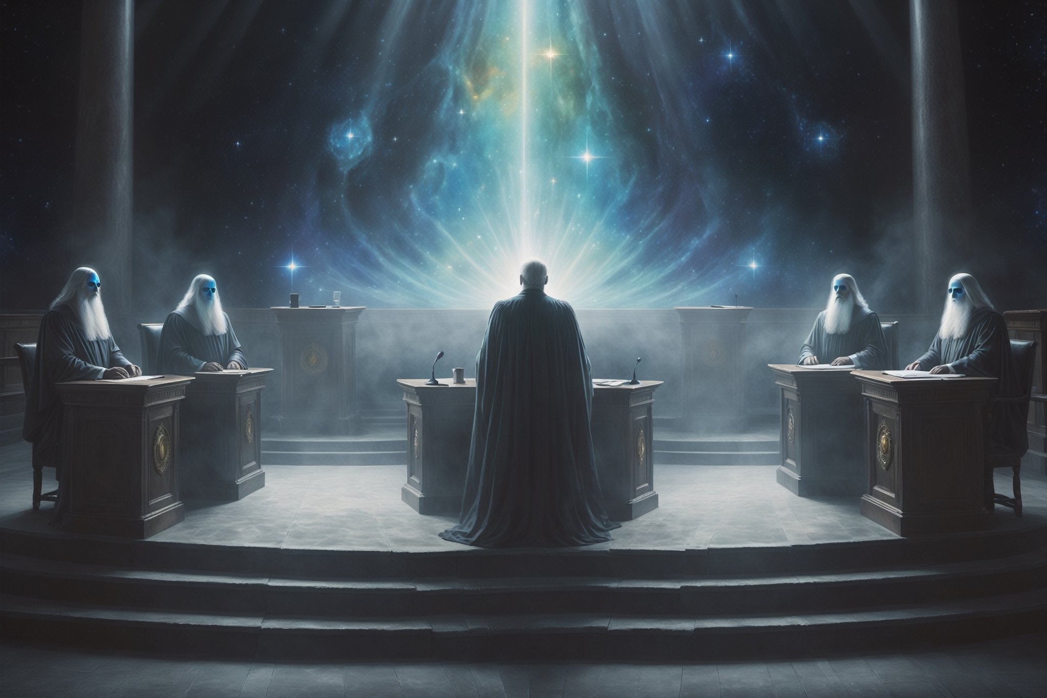 three Judges on podium, digital painting, ethereal, cosmic judgment, huge tribunal hall. 
The Judge, male, (cosmic star in eyes), calm, tough, glittering garment with colorful aura, sitting in judicial session in a cosmic hall of judgment, computer screens in front of him, other judges with him on podium, tribunal setting, a lot of ghost people watching, high_resolution, detailed 