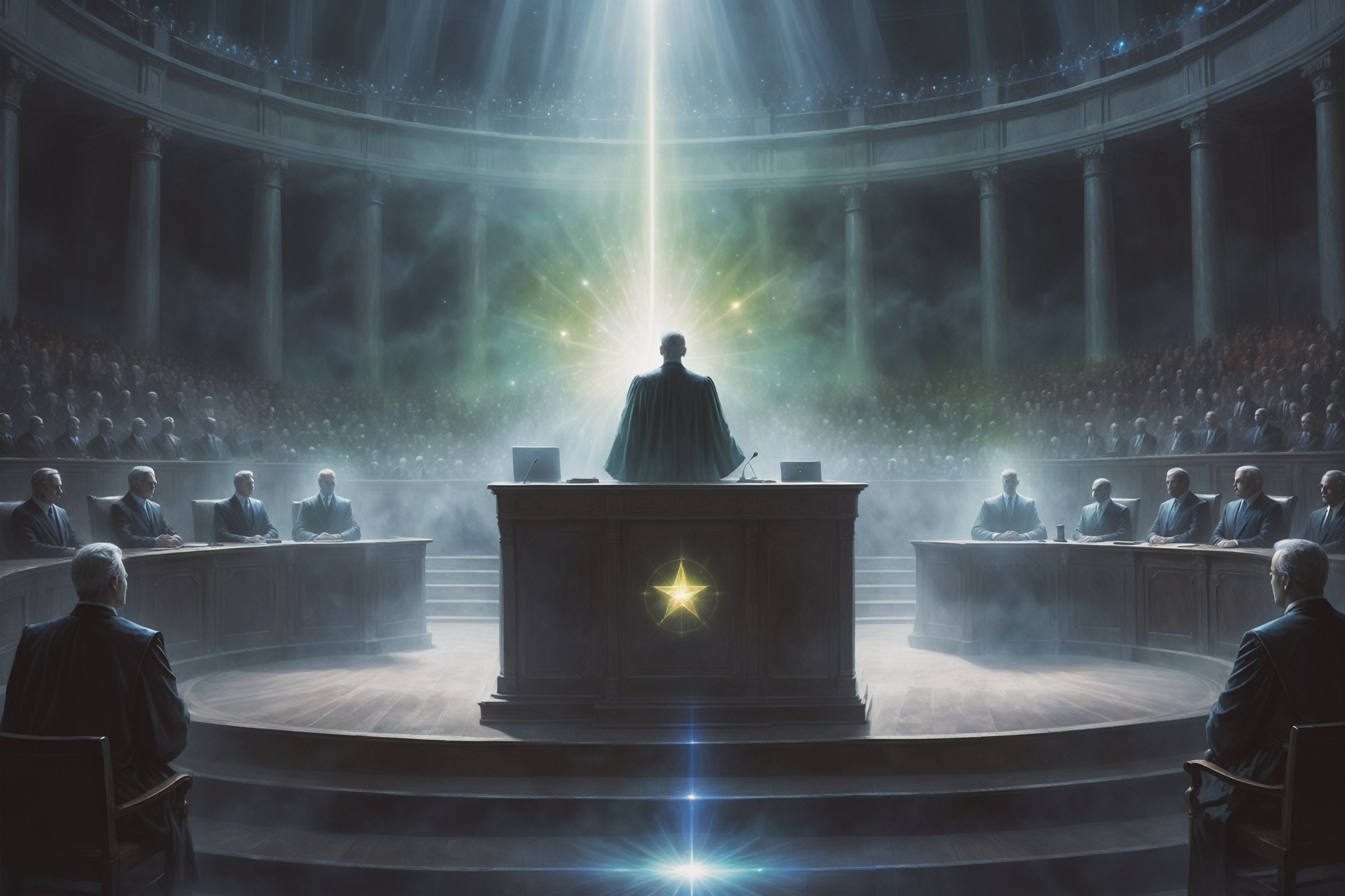 three Judges on podium, digital painting, ethereal, cosmic judgment, huge tribunal hall. 
The Judge, male, (cosmic star in eyes), calm, tough, glittering garment with colorful aura, sitting in judicial session in a cosmic hall of judgment, computer screens in front of him, other judges with him on podium, tribunal setting, a lot of ghost people watching, high_resolution, detailed 