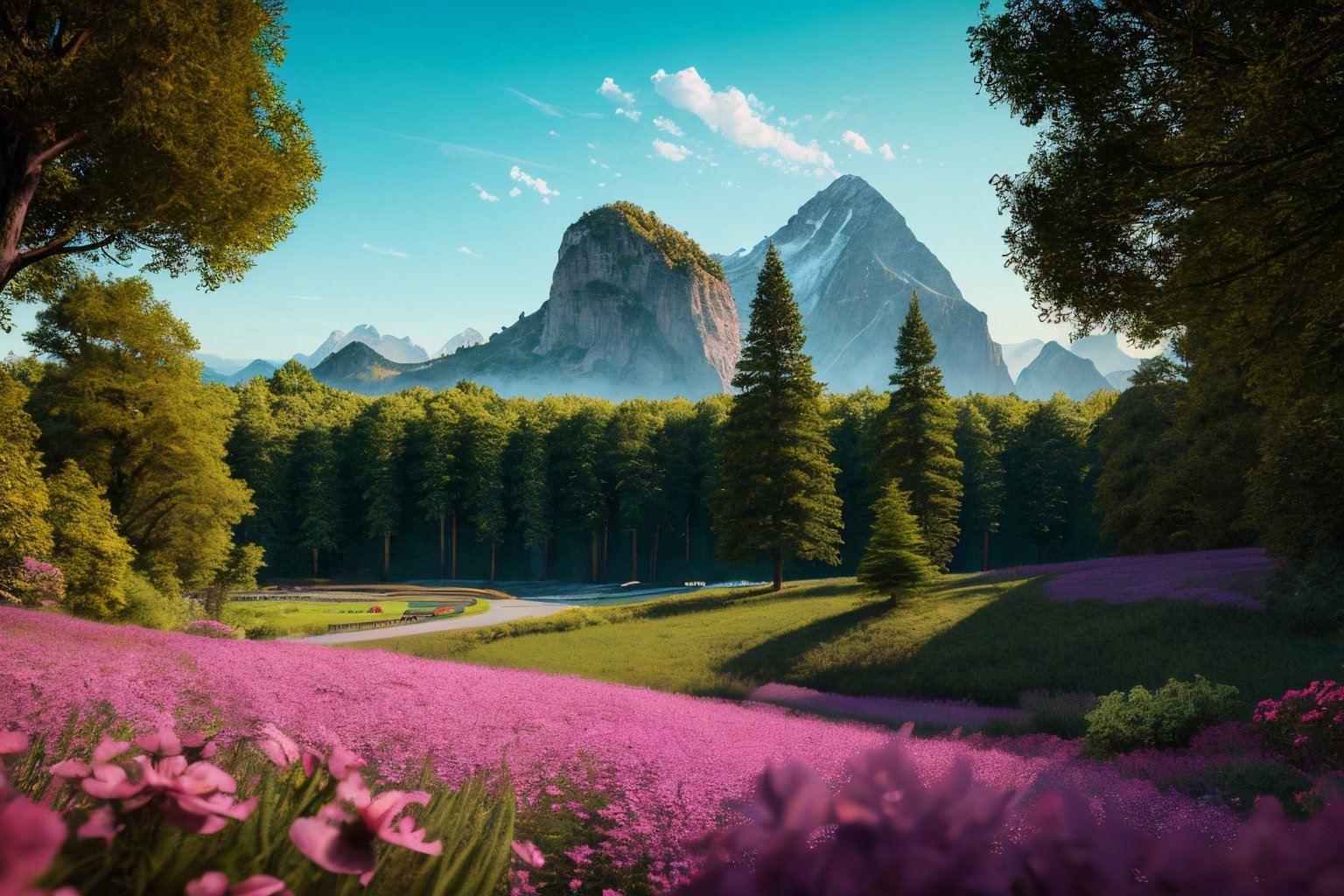 (best quality, 8K, ultra-detailed, masterpiece), (cinematic, photorealistic), Transport viewers to a breathtaking fantasy world with an ultra-detailed 8K landscape. Craft a scene of unparalleled beauty where nature's wonders unfold in cinematic grandeur. Every element in this photorealistic masterpiece should be meticulously rendered, from the majestic mountains to the fantastical flora and fauna. This landscape should immerse the audience in a world of enchantment and wonder.