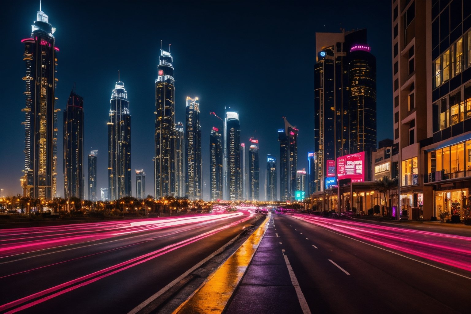 Dubai night city, street, neon, lights, road, buildings, HD phone wallpaper