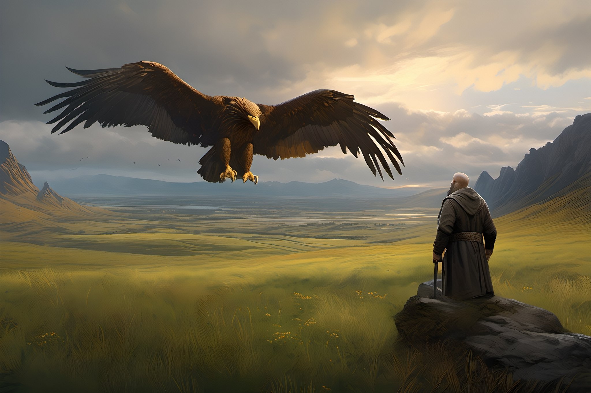 realistic, solo,(masterpiece:0.7), best quality, finely detailed skin, good hand,4k,high-res, masterpiece, dynamic pose, perfect artwork, death stranding prairie landscape with sunrise mountains in the side background and Franciscan friar touching the head of a massive griffin, the griffin With WINGS SPREAD , is like the ones from the chronicles of Narnia (half lion, half American bold eagle), Hawaii landscape, landscape,  (masterpiece), perfect artwork, scenery, survival, perfect architecture, after rain, misty, overcast lighting, 8k, dreamy haze, highly detailed, high resolution, ( very detailed background, detailed green grass), painting by Leonardo DaVinci, 4 feet green grass, rocks