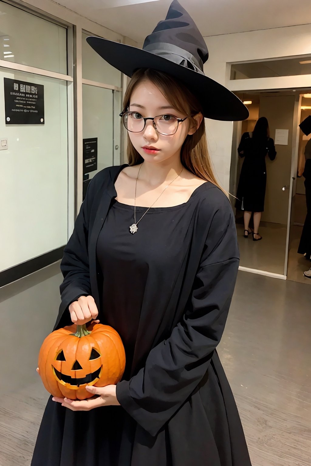 1girl,  solo,  blonde hair,  long hair,  glasses, (forehead:1.3)14yo,
BREAK
(Halloween）（Pumpkin:1.1)
black witch,hat