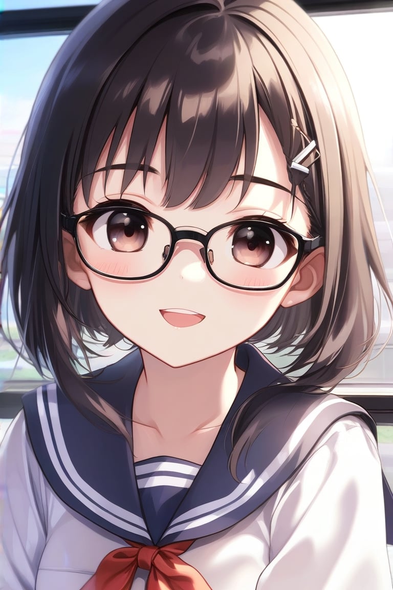 1girl,(outlined vector graphics:1.5) best quality, masterpiece, ultra high res, RAW photo black_hair,(forehead:1.4) brown_eyes, ,lips, , cute,petite, loli, glasses, closed mouth, smile, BREAK classmates, open windows, sunny day, beautiful, masterpiece, best quality (serafuku,:1.3) red tie, (90s anime:1.3)