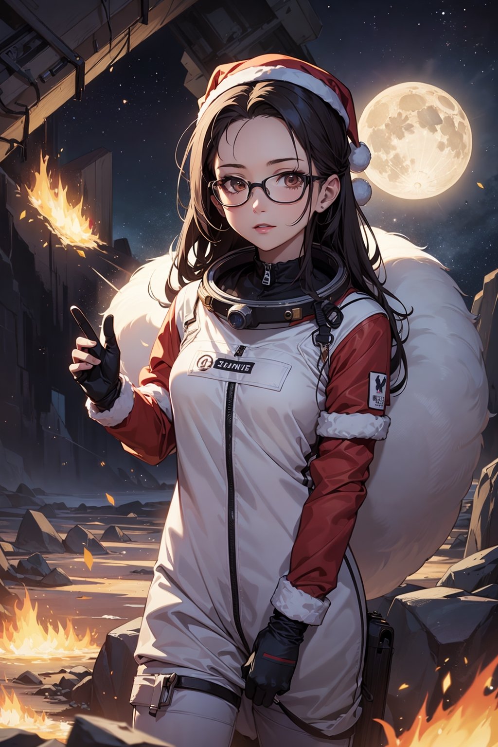 (absurdres, highres, ultra detailed), (1girl:1.3), (beautiful and aesthetic:1.3), brown_eyes, black_hair, straight hair, , (forehead:1.1), glasses , (confused expression:1.3), (space suit:1.2), smile,
BREAK
(dramatic lighting:1.2), cold colors, long shadows, vibrant colors, soft glow, anime style, otherworldly atmosphere
BREAK
alien planet, floating rocks, glowing plants, starry sky, surreal moon, beautiful, masterpiece, best quality
(santa:1.3)

