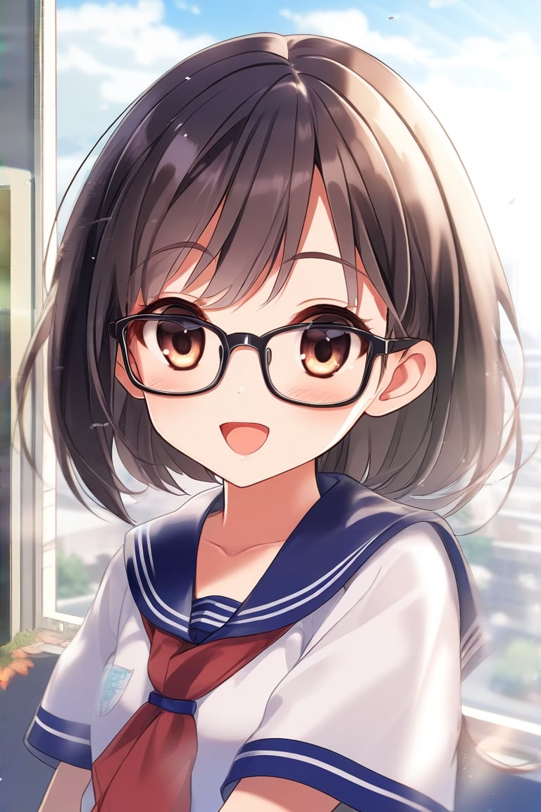1girl,(outlined vector graphics:1.5) best quality, masterpiece, ultra high res, RAW photo black_hair,(forehead:1.4) brown_eyes, ,lips, , cute,petite, loli, glasses, closed mouth, smile, BREAK classmates, open windows, sunny day, beautiful, masterpiece, best quality (serafuku,:1.3) red tie, (90s anime:1.3)

前额