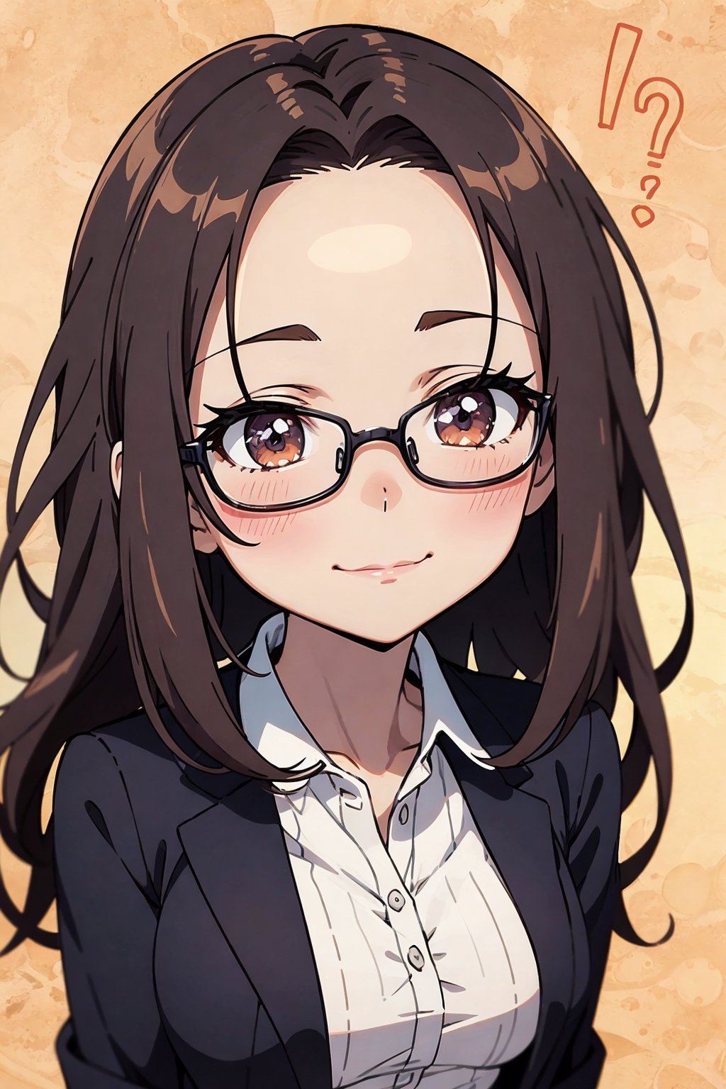 (chibi:1.5)best quality,  masterpiece,  ultra high res,  RAW photo1girl,  (suit:1.3),  brown_eyes,  black_hair,  straight hair,  lips,  (forehead:1.3),  cute,  medium breasts,  plump,  petite,  loli,  glasses,        ,  closed mouth,  convergent strabismus,  bashful,  shy,  blushing,  smile,  (anime:1.3)(illustration:1.3)BREAKmorning,  Cheerfully greeting everyone,  colourful background,  Model shooting style(anime:1.5)BREAK