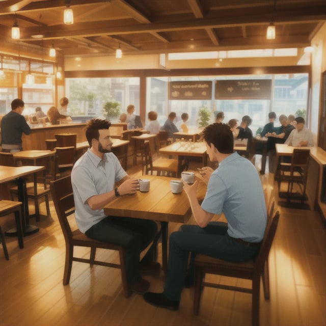 A cozy coffee shop interior, warm lighting, wooden tables, patrons sipping coffee, soft chatter, a barista pouring espresso, a window view with passersby.