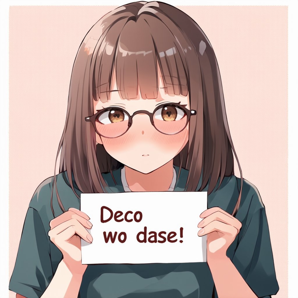 A girl holding sign "DECO WO DASE!!", muted colors

best quality, masterpiece, 1girl,brown_eyes, straight hair, forehead, cute, , petite, glasses, closed mouth, convergent strabismus, bashful, shy, blushing,