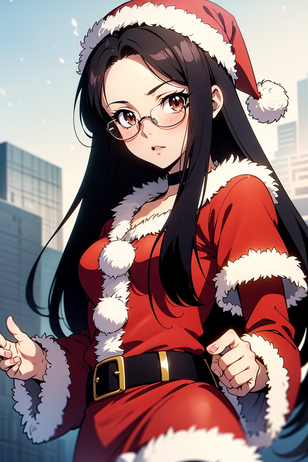 (absurdres,  highres,  ultra detailed),   (anime:1.5)(1girl:1.3),  (beautiful and aesthetic:1.3),  brown_eyes,  black_hair,  straight hair,      ,  (forehead:1.3),  glasses,  ,  BREAK
(Santa Claus:1.3), (anime:1.5)
